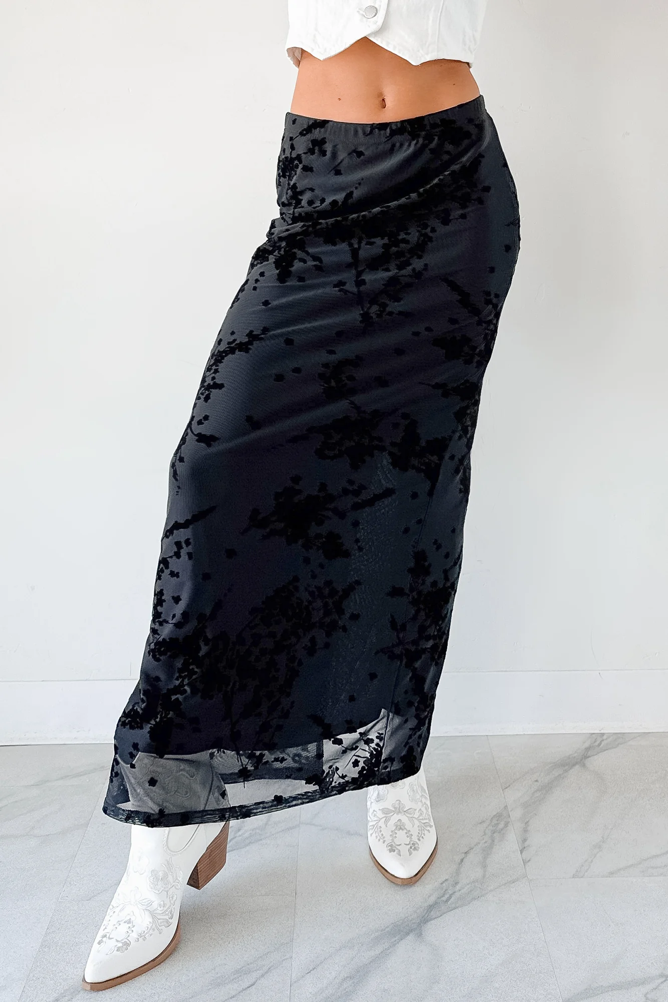 Call Me Back Floral Mesh Maxi Skirt (Black) - Image 6