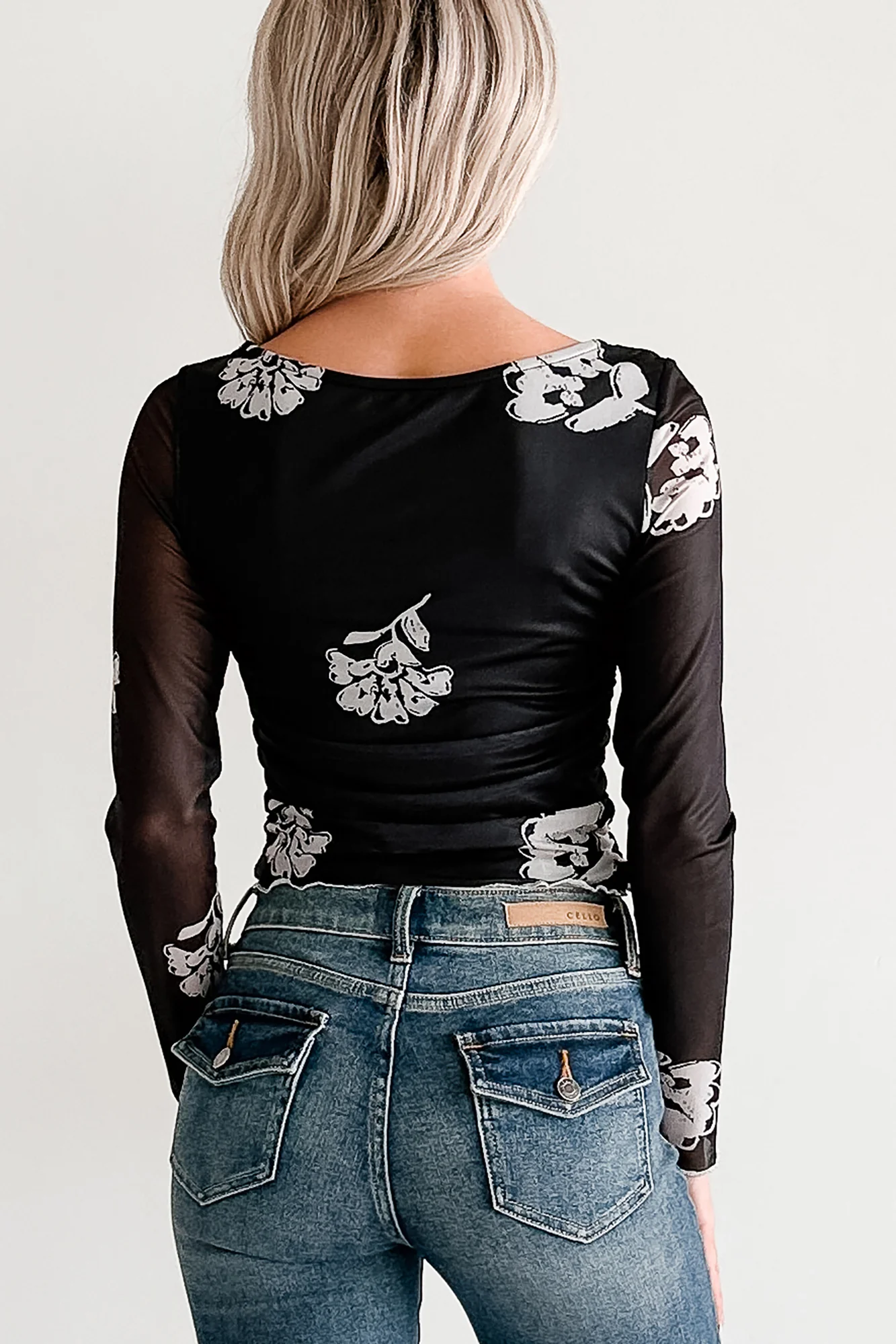 Call Me Up Floral Print Long Sleeve Mesh Top (Black) - Image 4