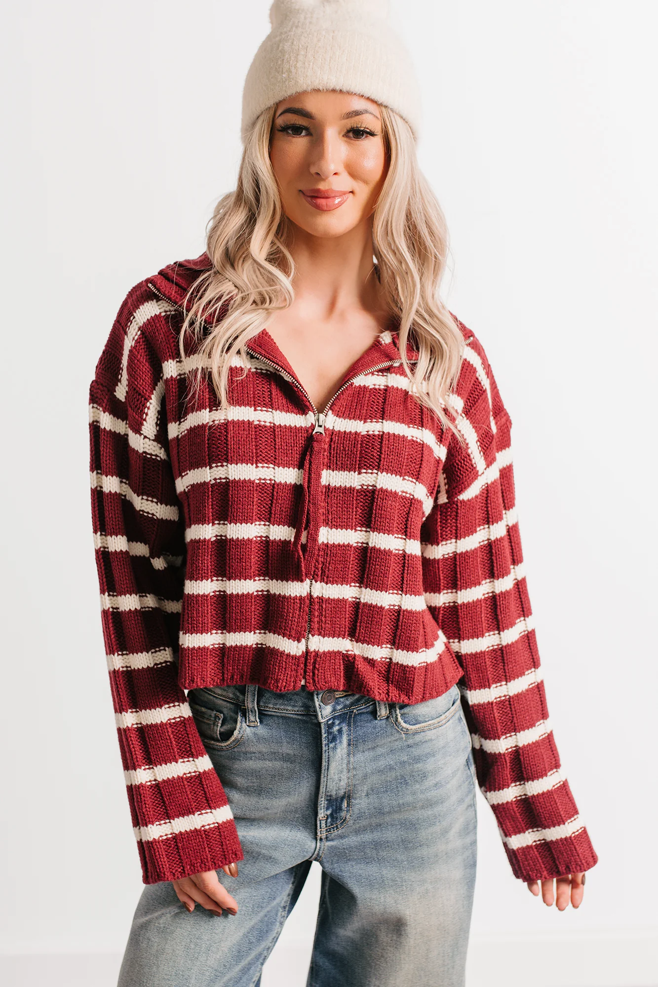 Calm Assurance Striped Zip-Up Sweater Jacket (Wine) - Image 3