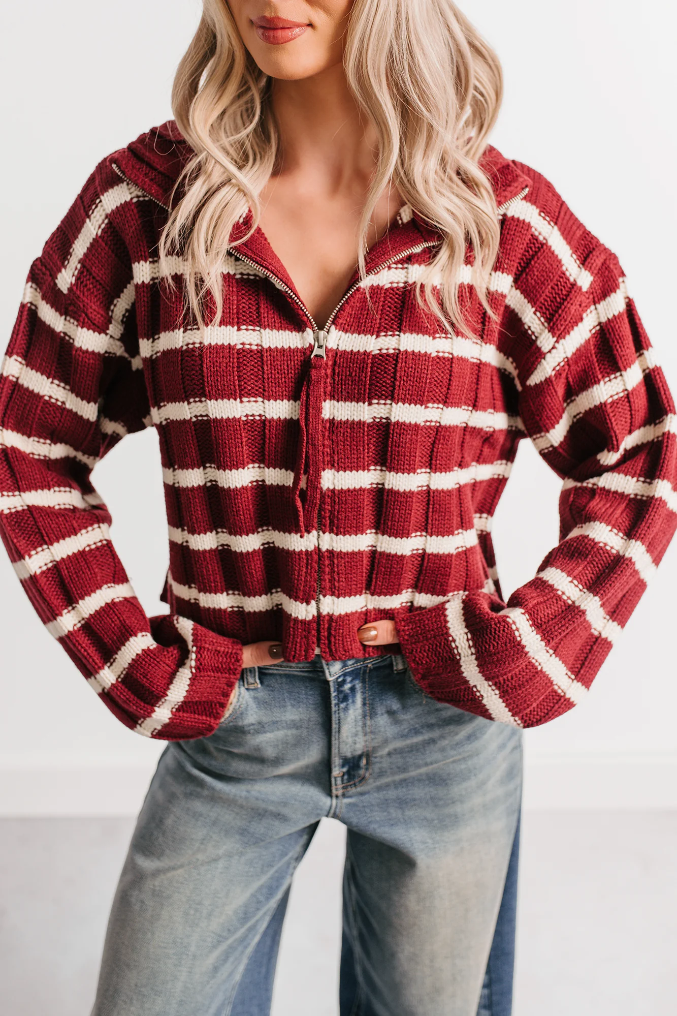 Calm Assurance Striped Zip-Up Sweater Jacket (Wine) - Image 5