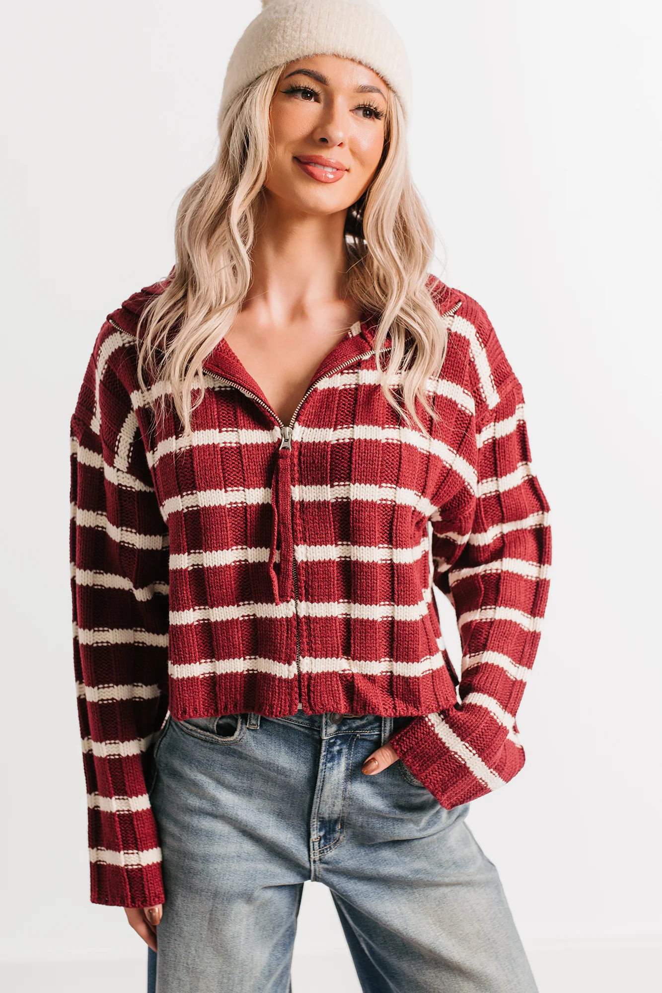 Calm Assurance Striped Zip-Up Sweater Jacket (Wine) - Image 6