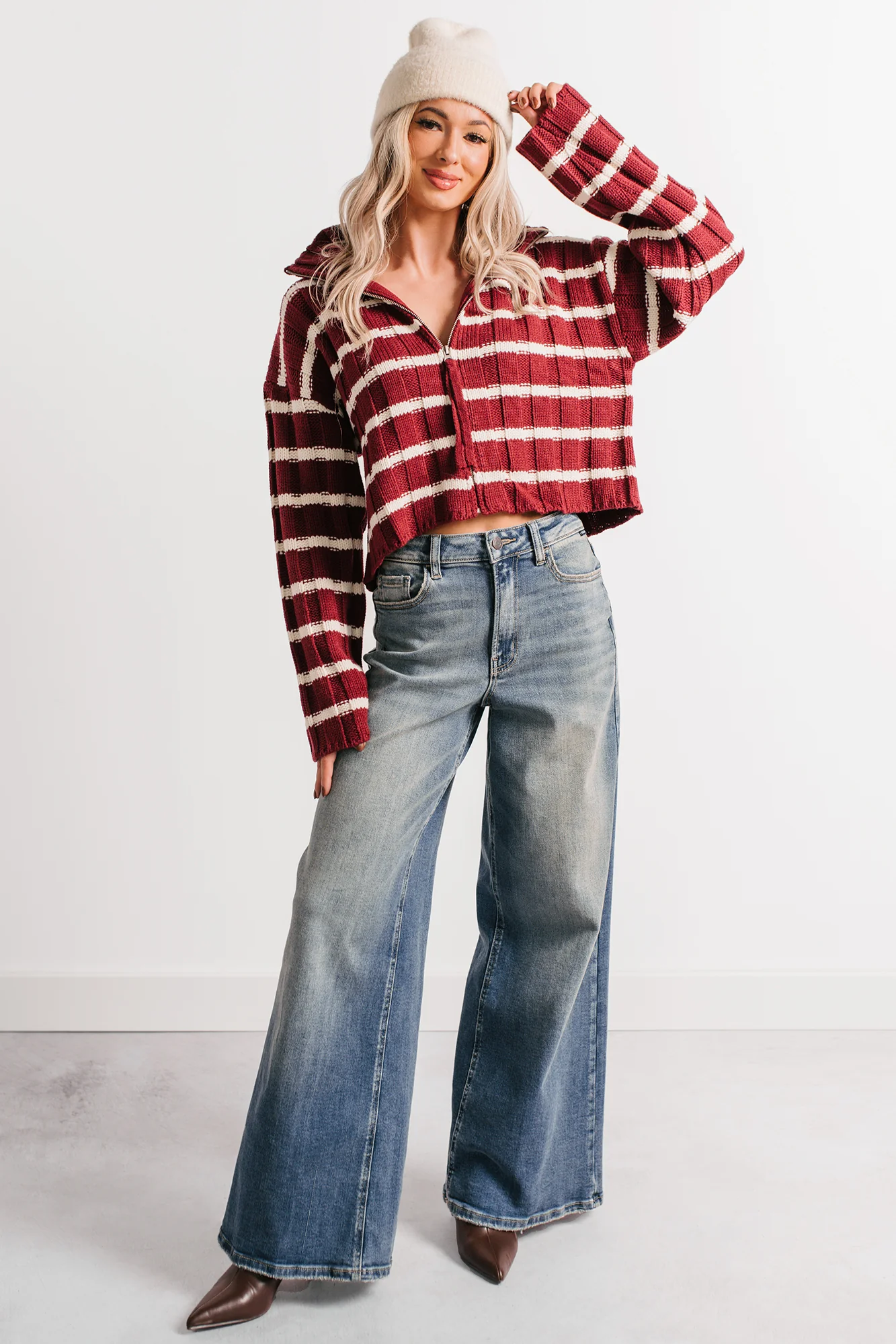Calm Assurance Striped Zip-Up Sweater Jacket (Wine) - Image 7