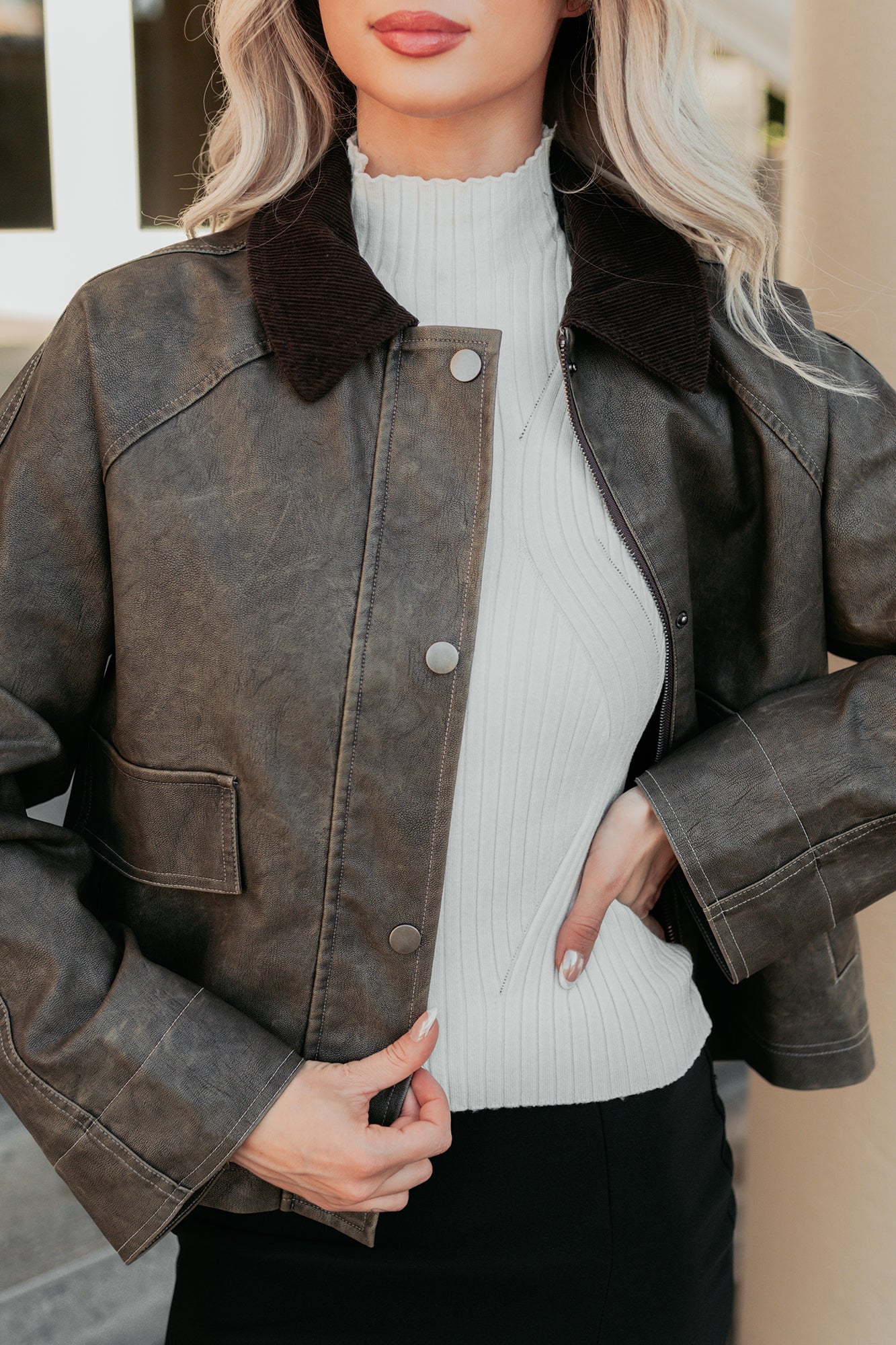 Calmly Chic Washed Faux Leather Jacket (Brown) - Image 10