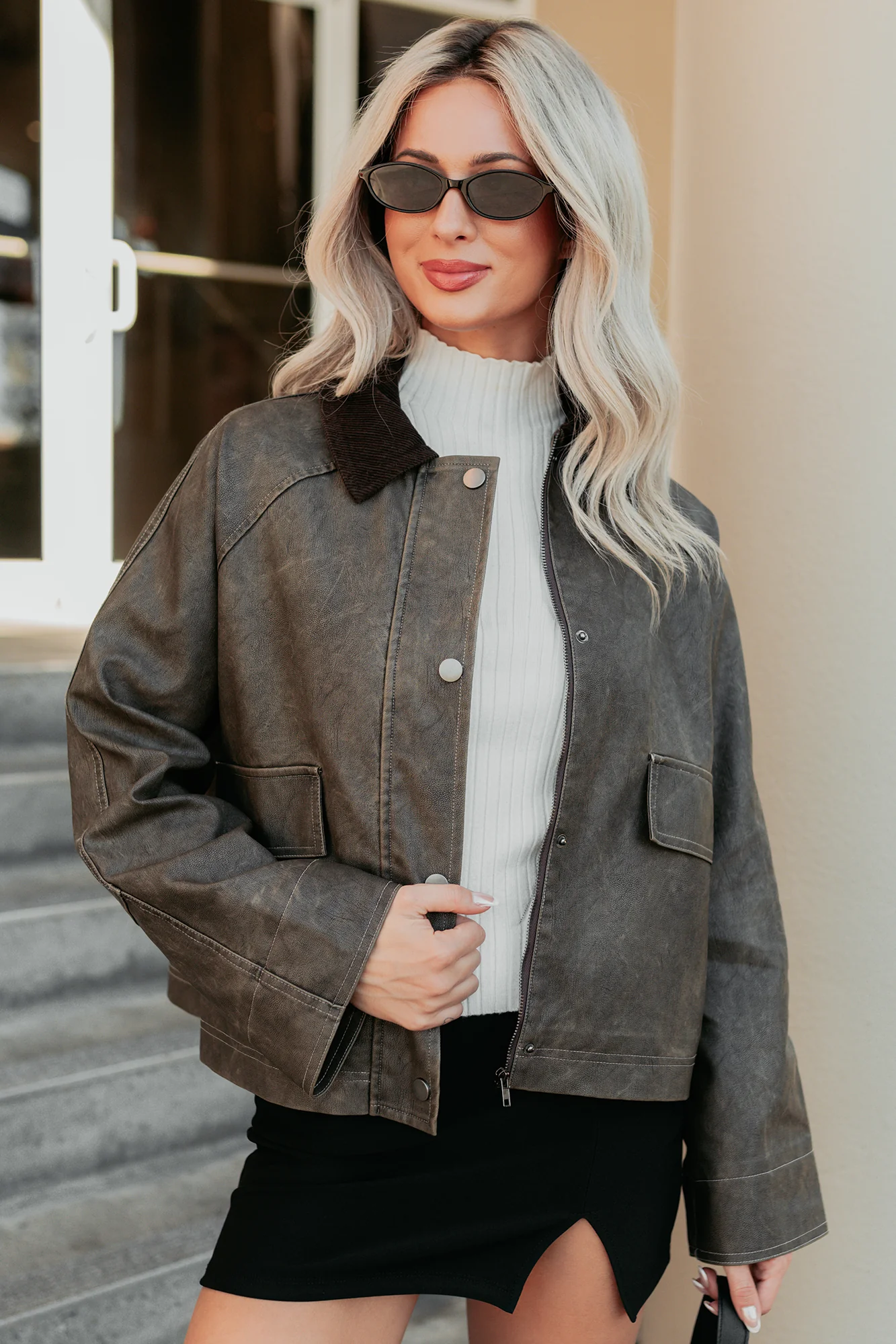 Calmly Chic Washed Faux Leather Jacket (Brown) - Image 2