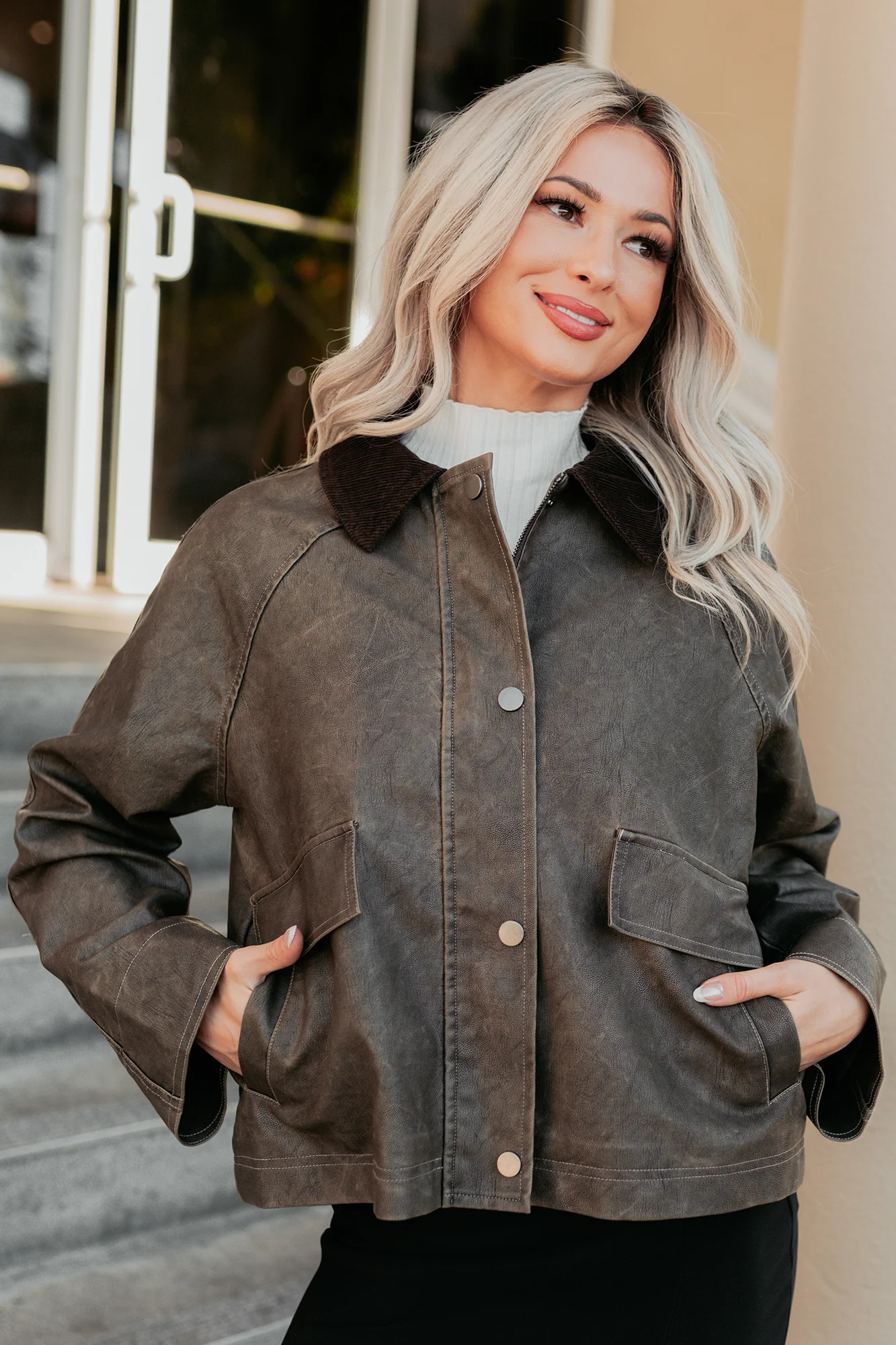 Calmly Chic Washed Faux Leather Jacket (Brown) - Image 3