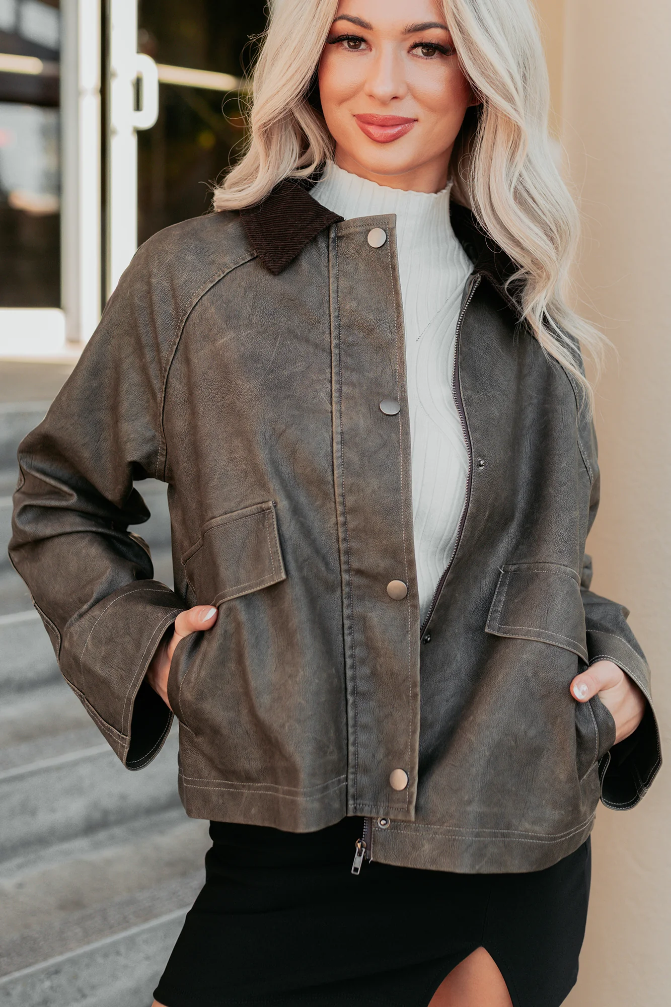 Calmly Chic Washed Faux Leather Jacket (Brown) - Image 7