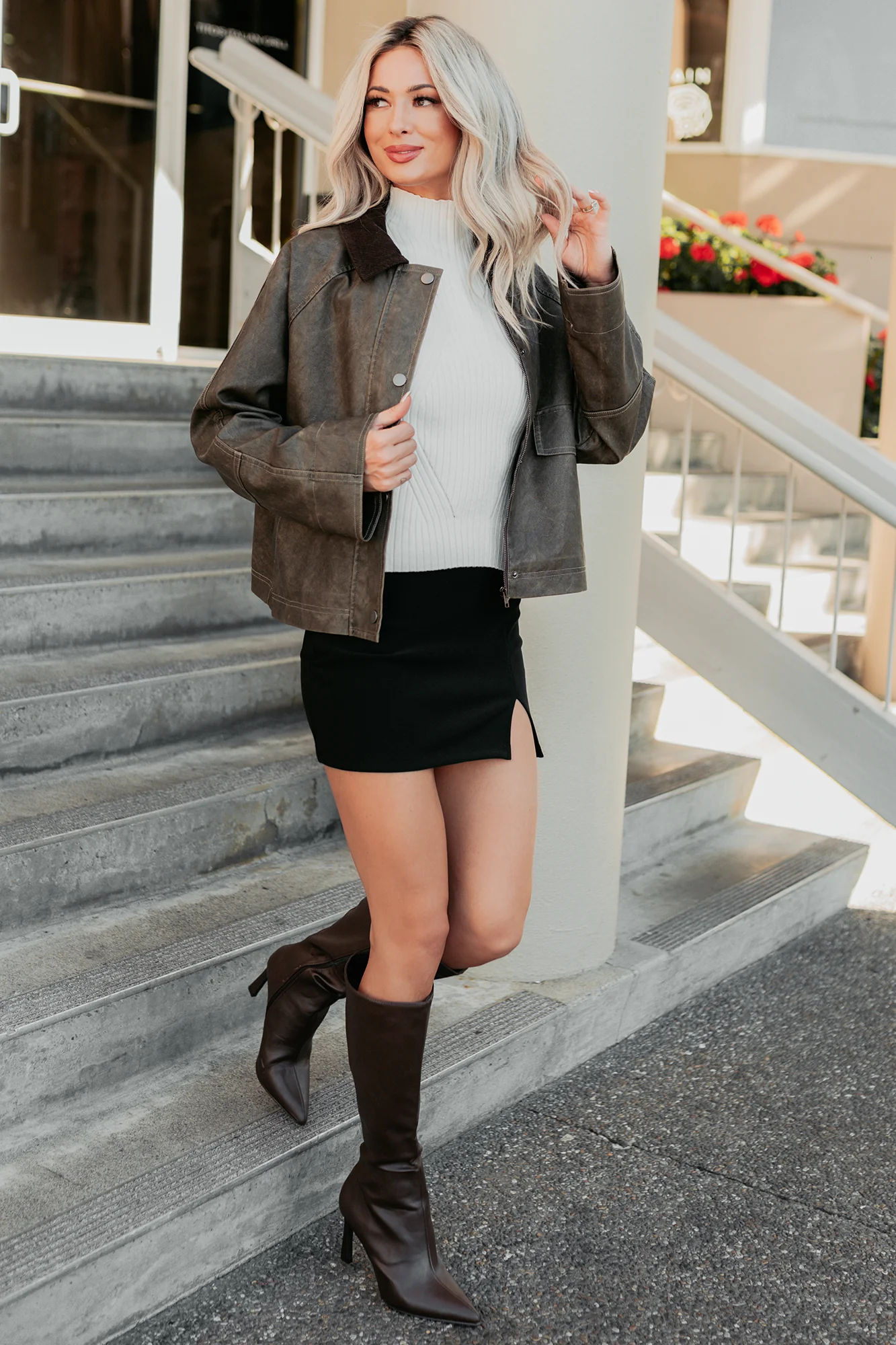 Calmly Chic Washed Faux Leather Jacket (Brown) - Image 9