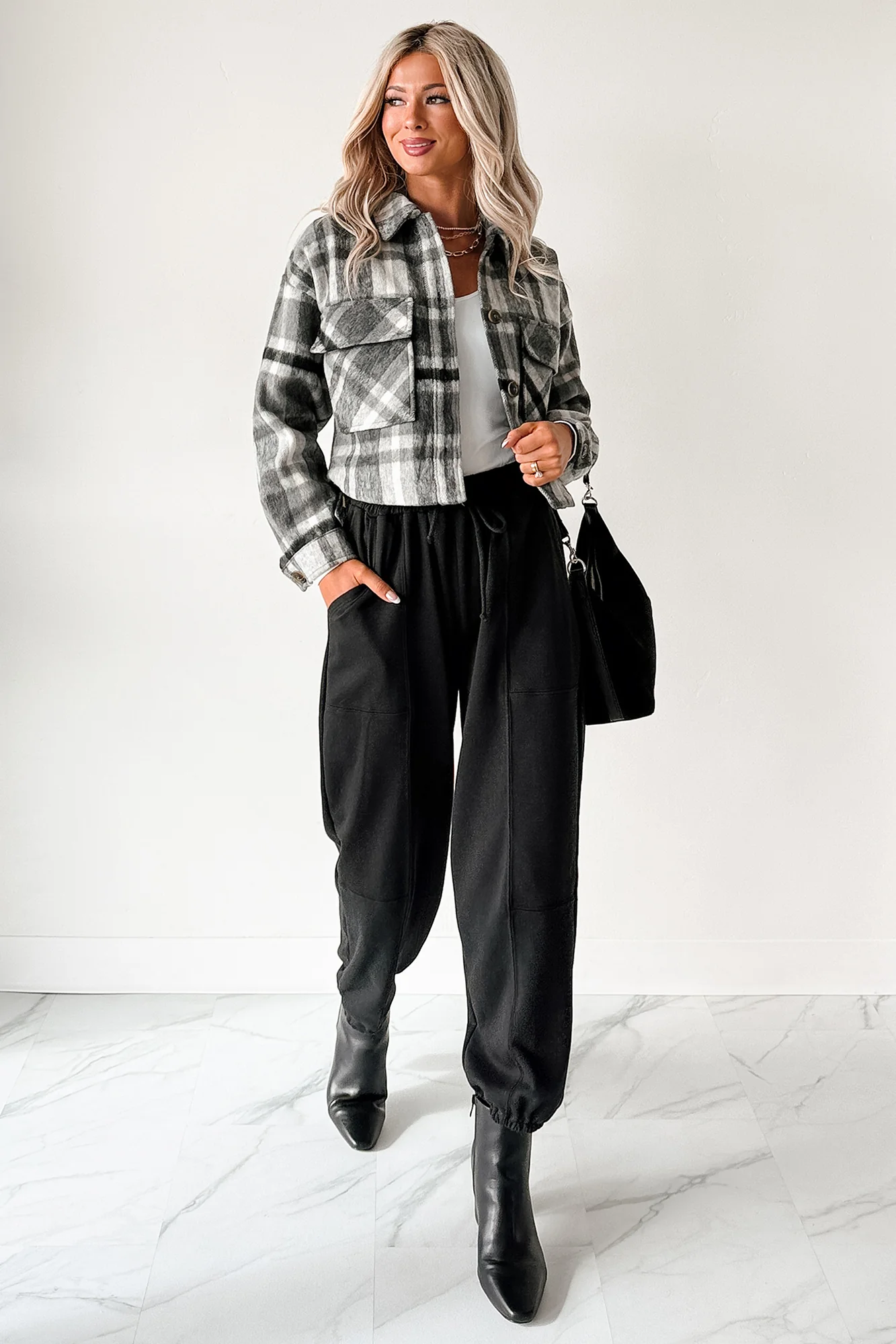 Can’t Relate Plaid Button-Down Shacket (Charcoal) - Image 3