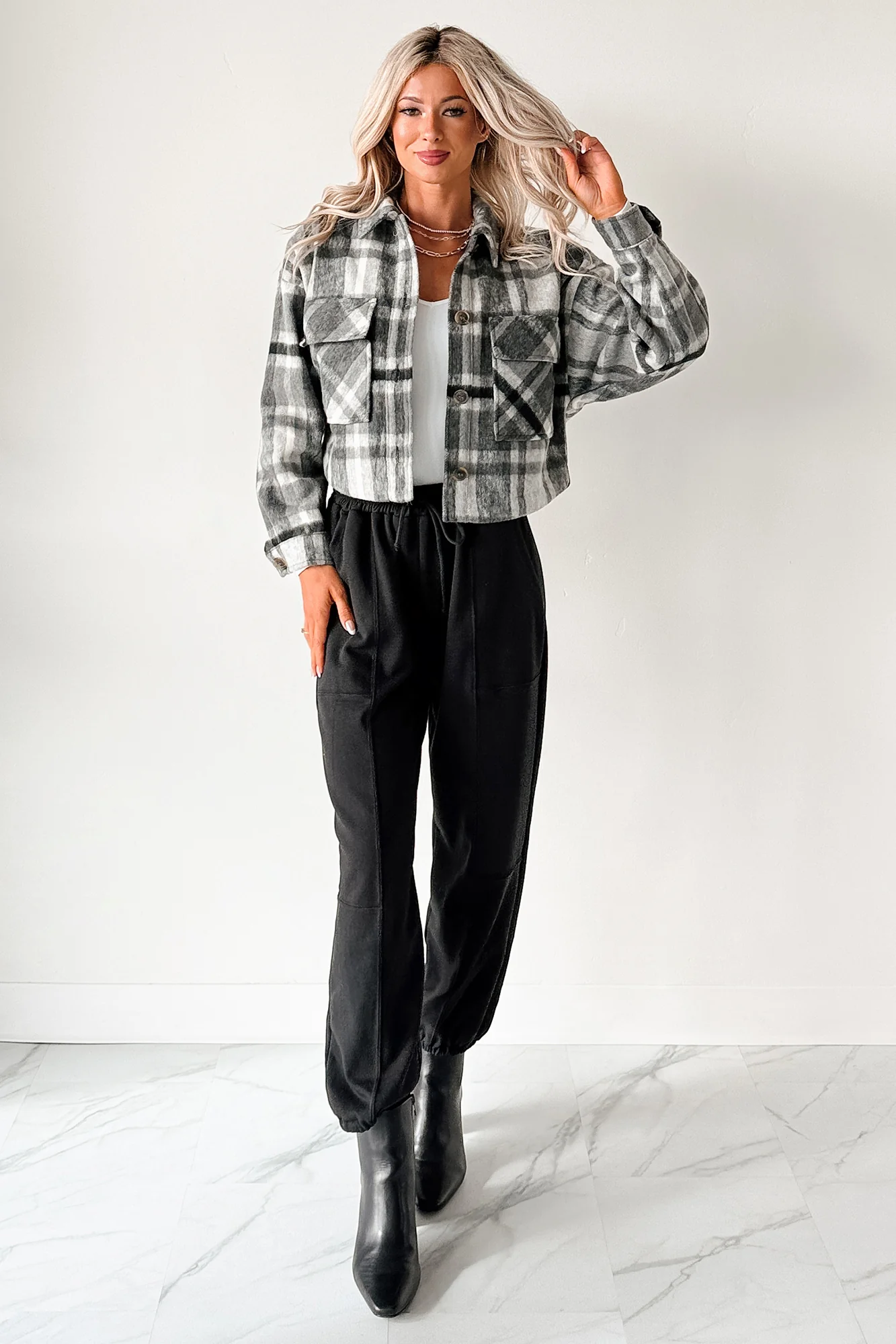 Can’t Relate Plaid Button-Down Shacket (Charcoal) - Image 6