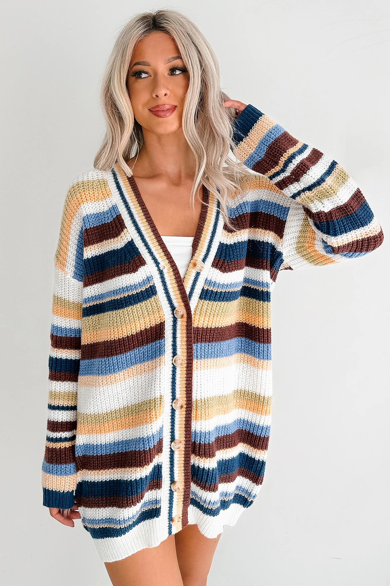 Carefree Comfort Striped Knit Cardigan (Blue/Multi) - Image 3