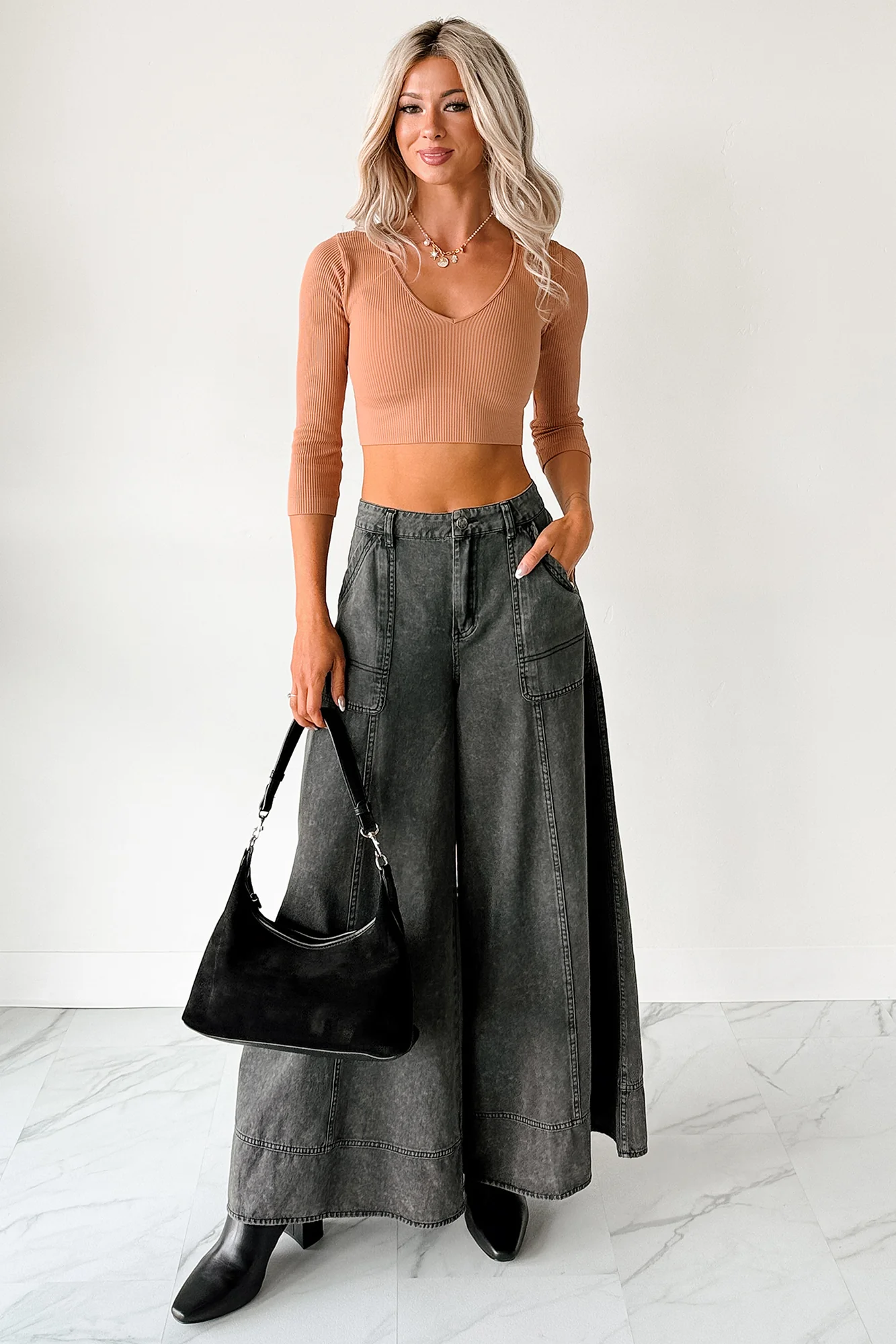 Casual Beauty Ribbed V Neck Crop Top (Mocha Mousse) - Image 9