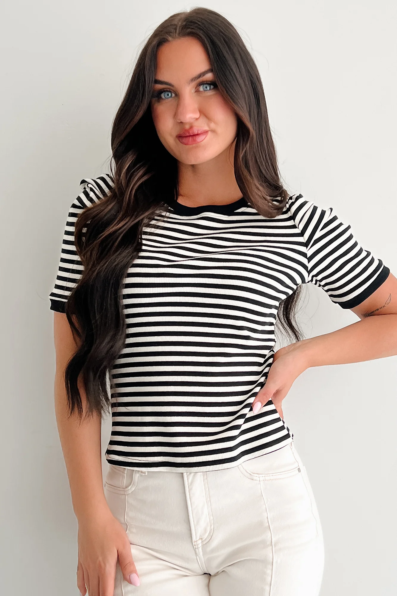 Casual & Cool Striped Puff Shoulder Top (Black/Ivory) - Image 3