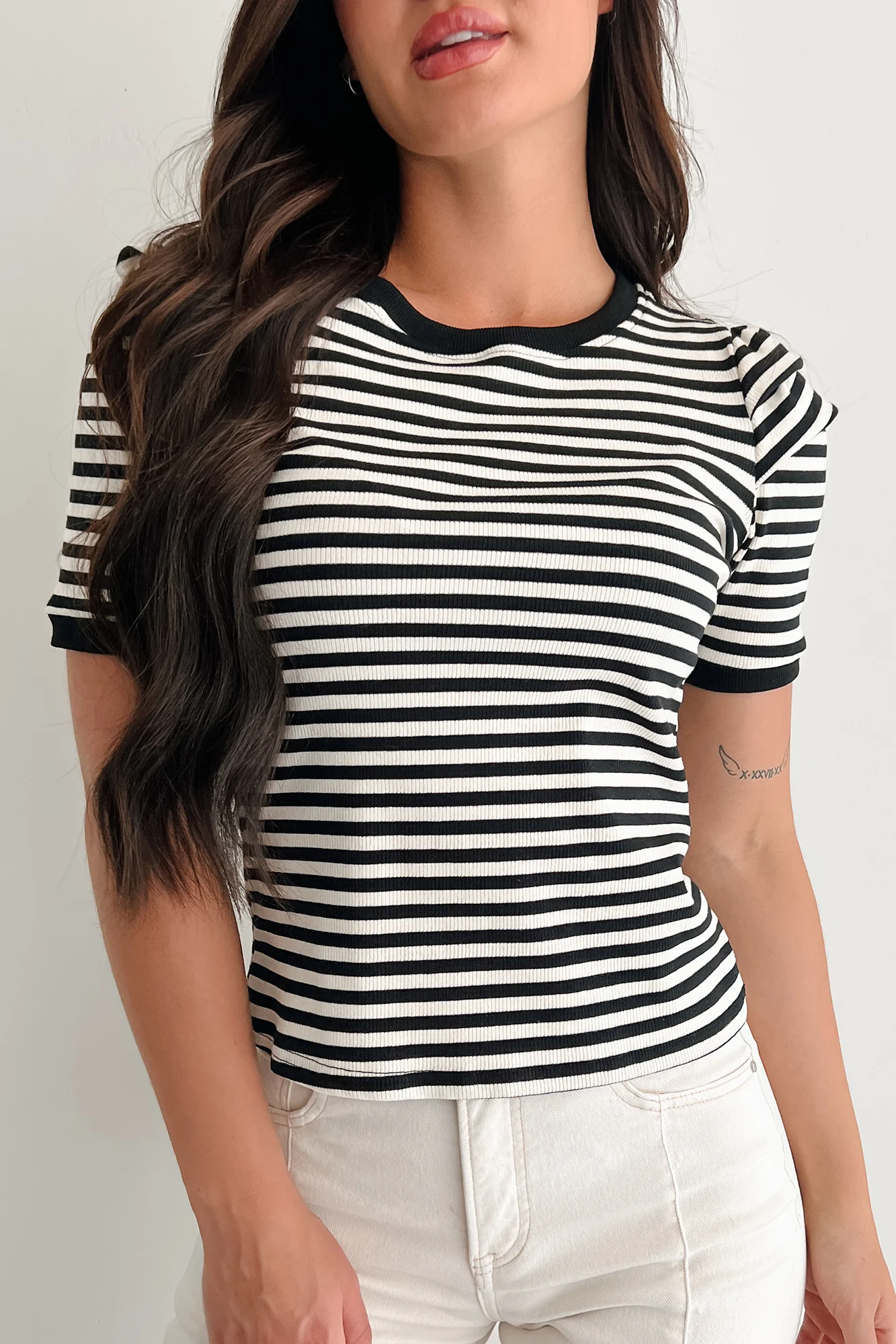 Casual & Cool Striped Puff Shoulder Top (Black/Ivory) - Image 4