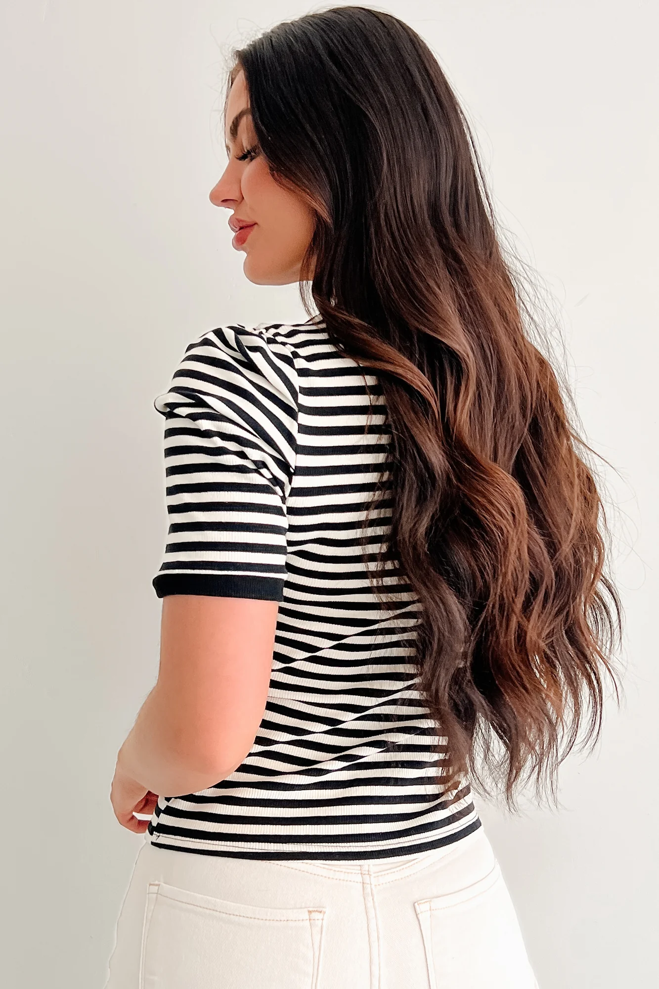 Casual & Cool Striped Puff Shoulder Top (Black/Ivory) - Image 5