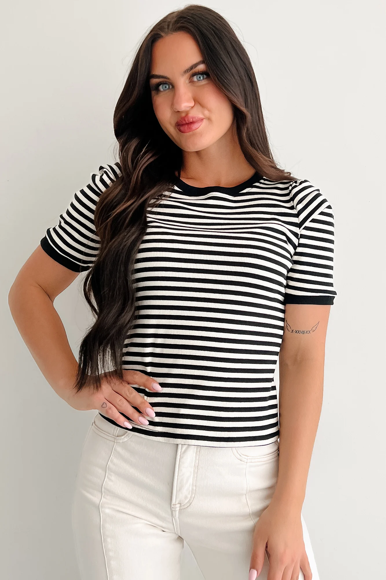 Casual & Cool Striped Puff Shoulder Top (Black/Ivory) - Image 7