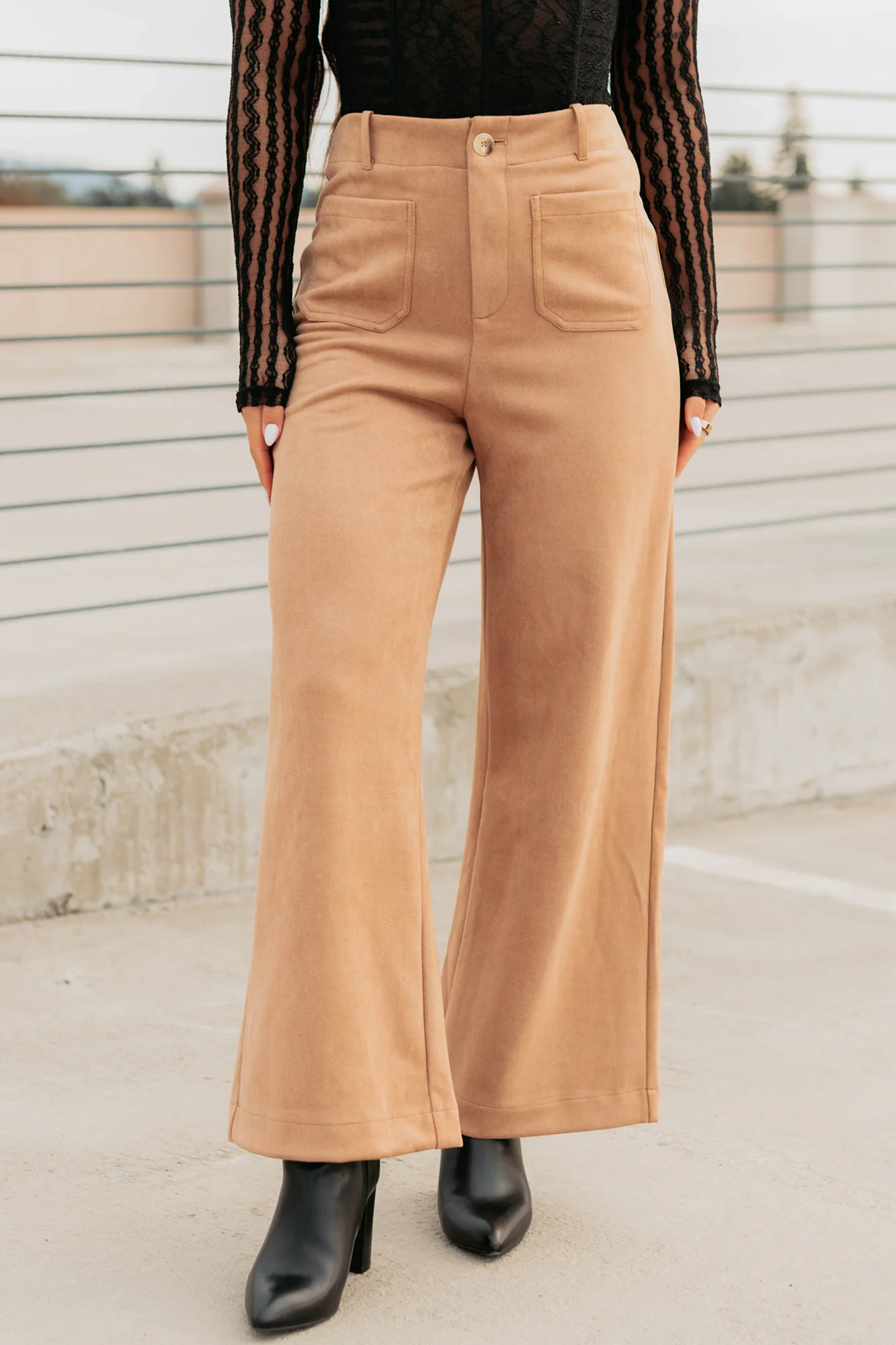 Casual Elegance Faux Suede Wide Leg Pants (Camel) - Image 2