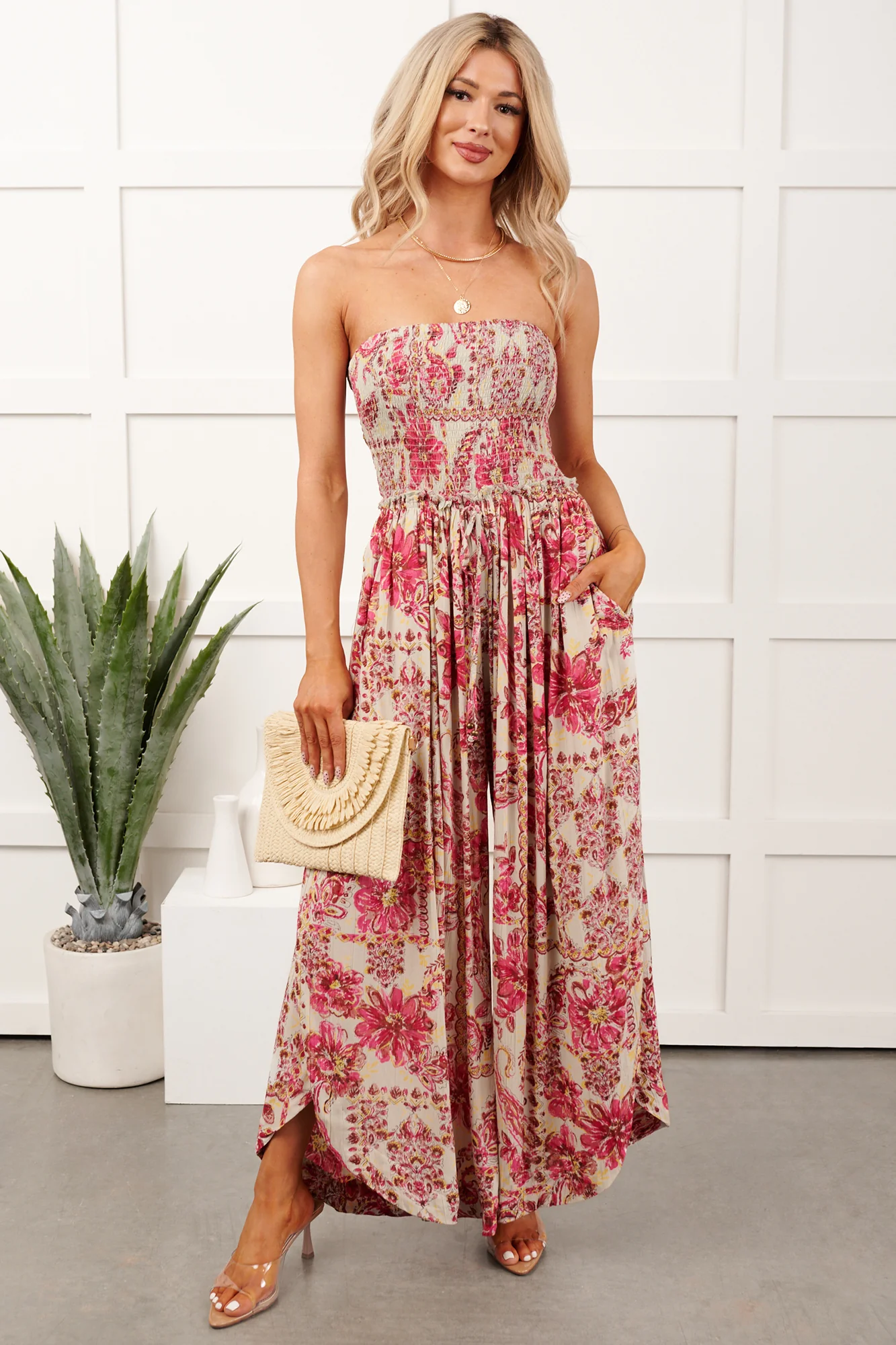 Catch Feelings Floral Print Strapless Jumpsuit (Green) - Image 2
