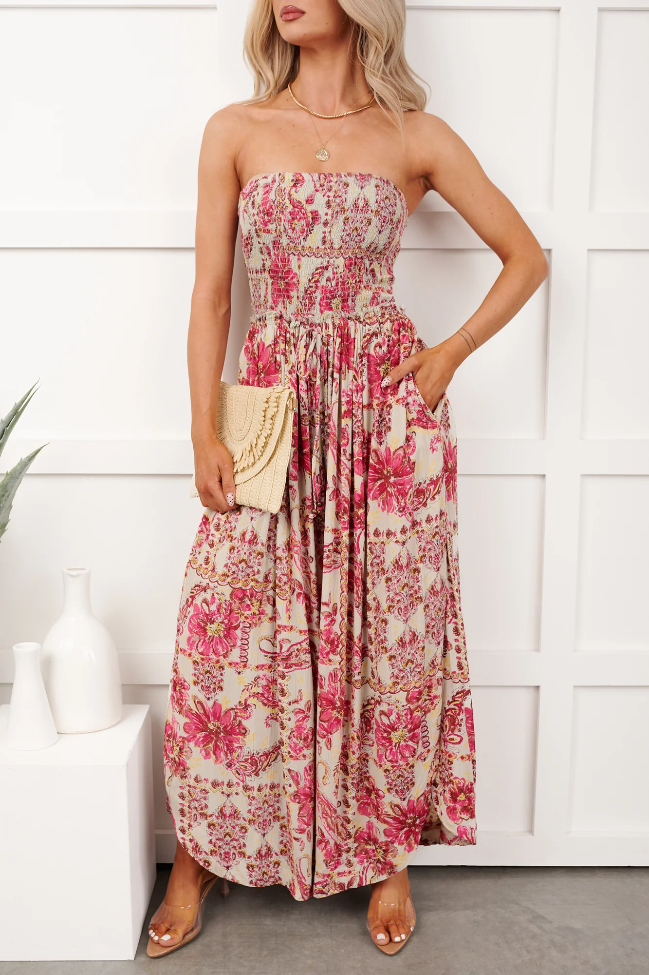 Catch Feelings Floral Print Strapless Jumpsuit (Green) - Image 6