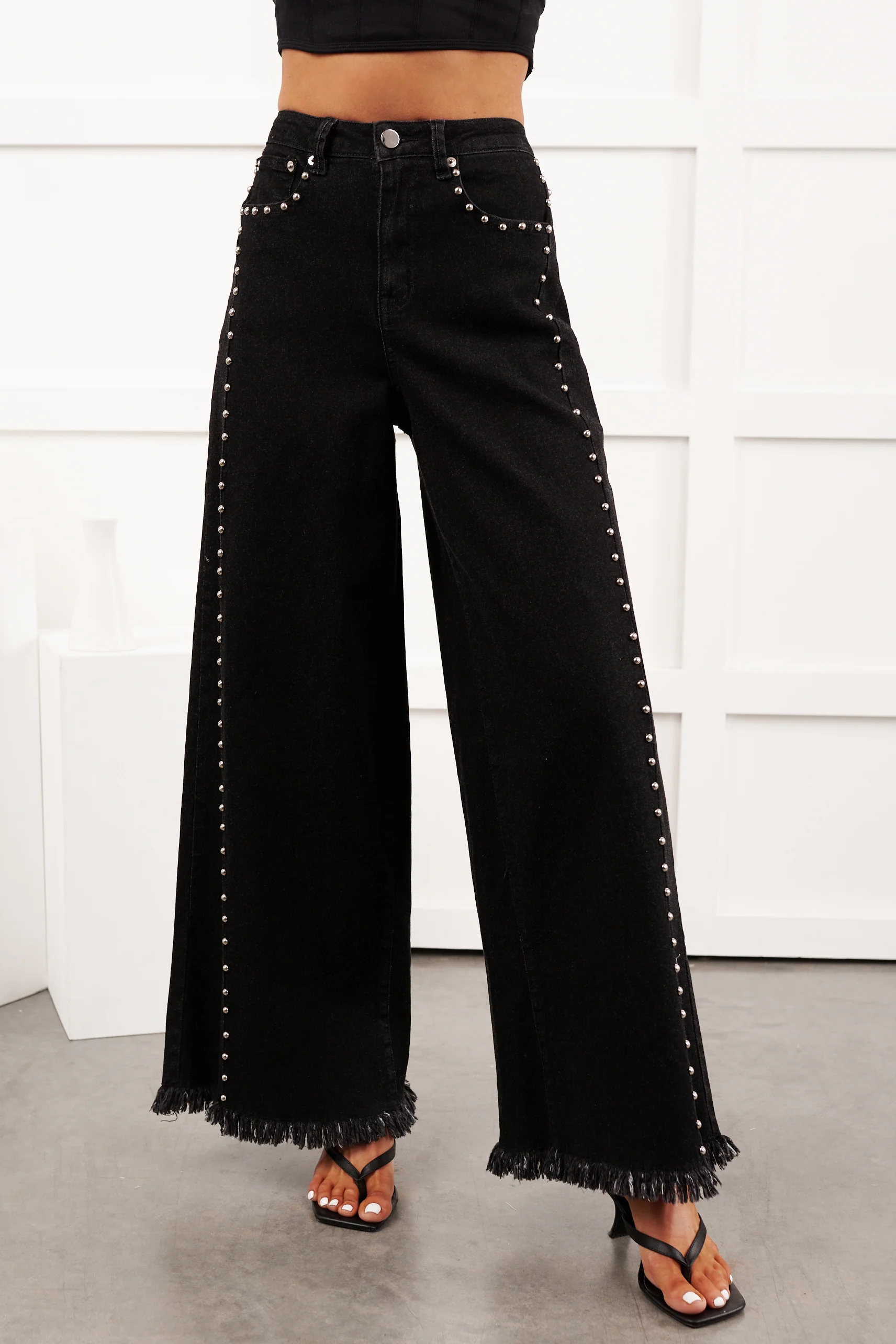Galvan Wide Leg Studded Camellia Jeans (Black Wash) - Image 3