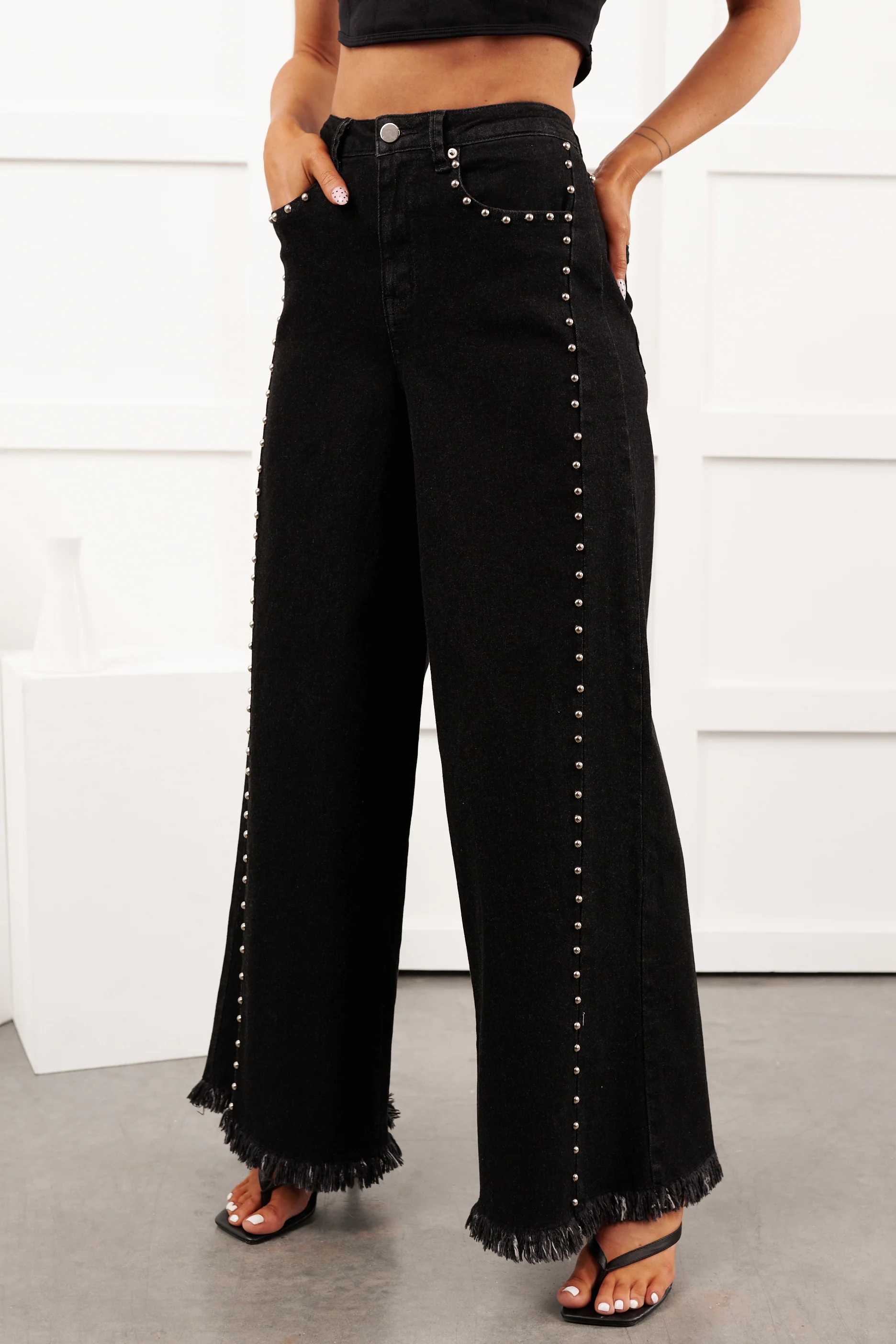 Galvan Wide Leg Studded Camellia Jeans (Black Wash) - Image 8