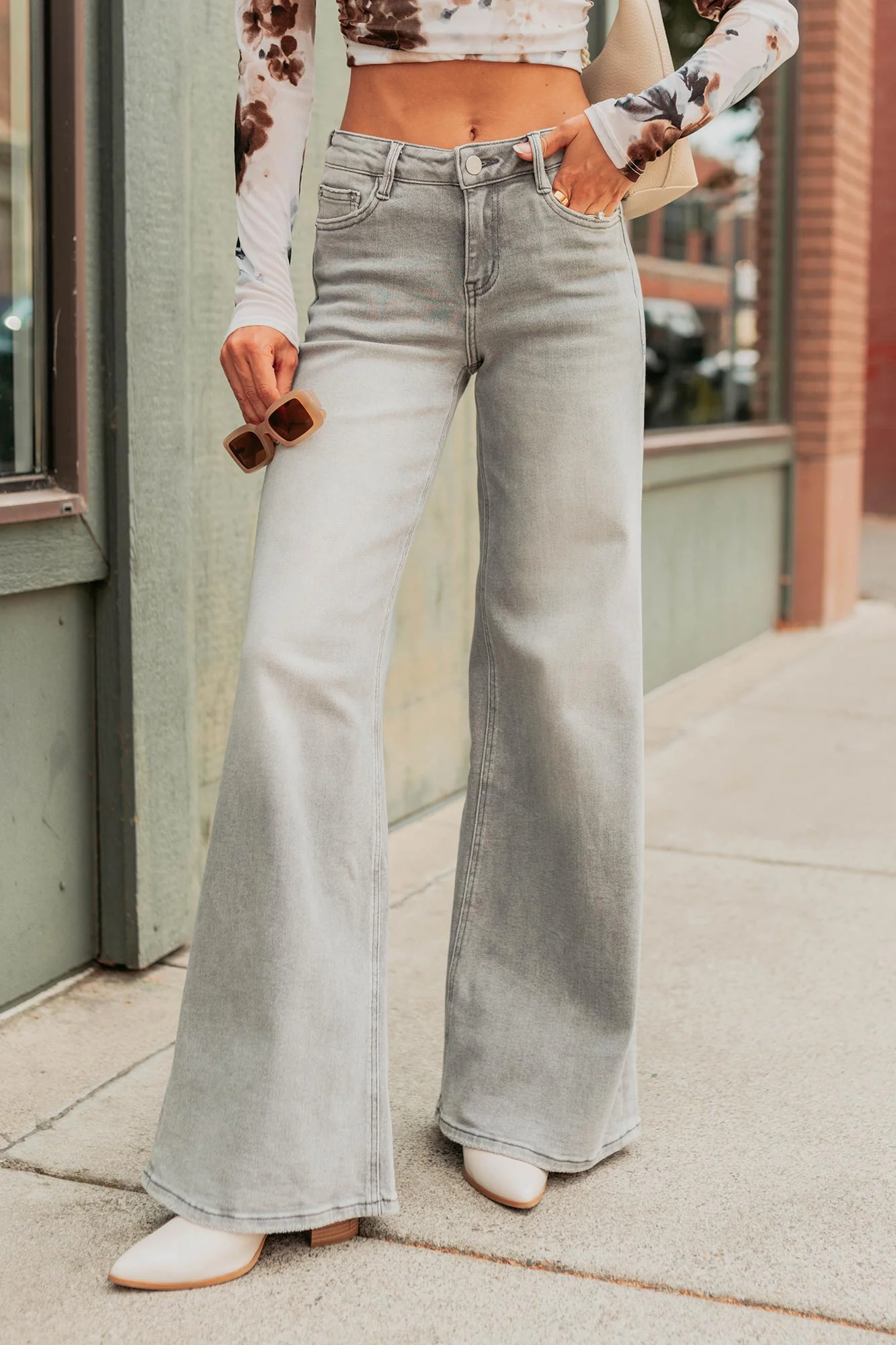 Cecily Mid Rise Wide Leg Mica Denim Jeans (Grey) - Image 2