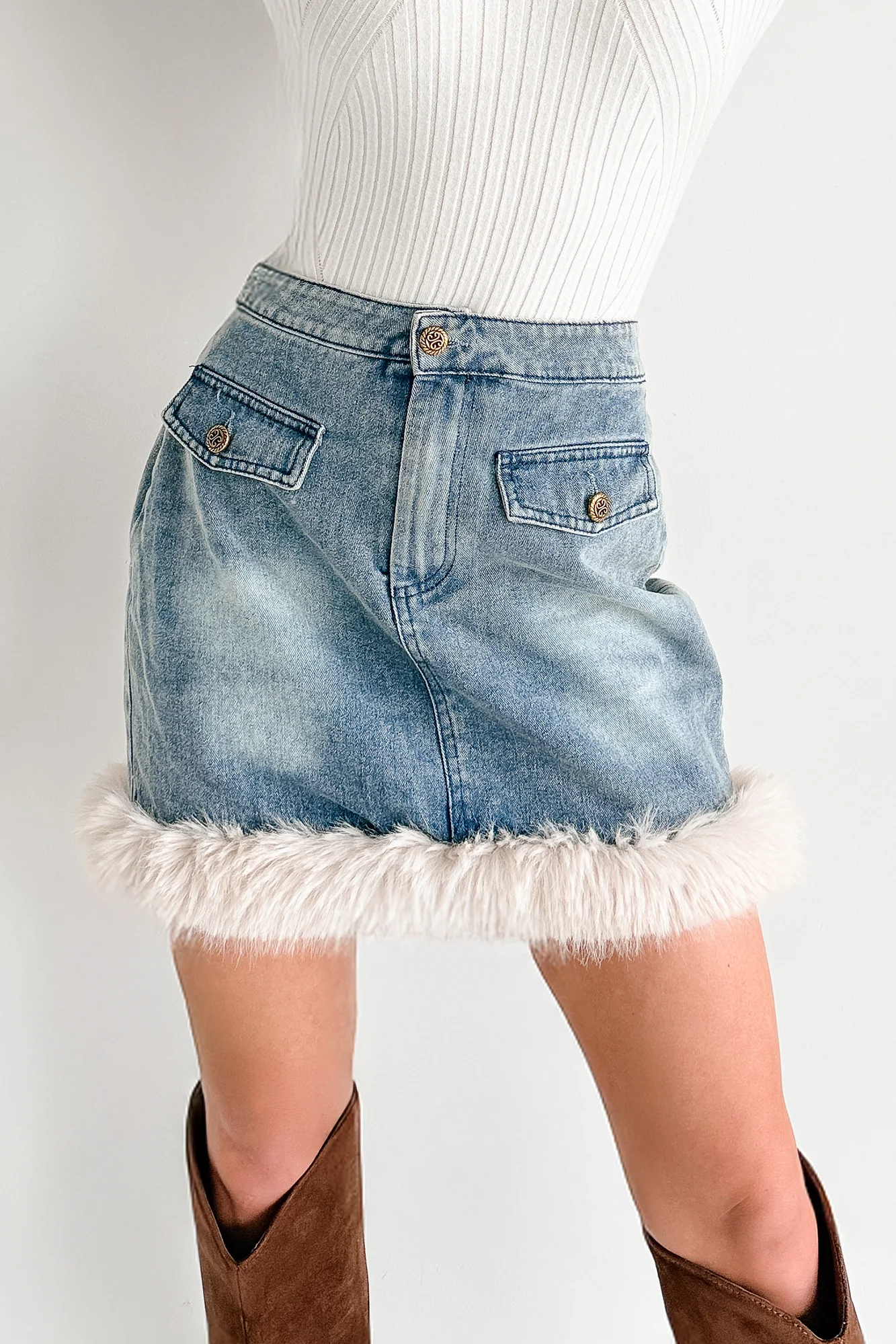 Charm Season Faux Fur Trim Mini Skirt (Denim Blue) - Image 2