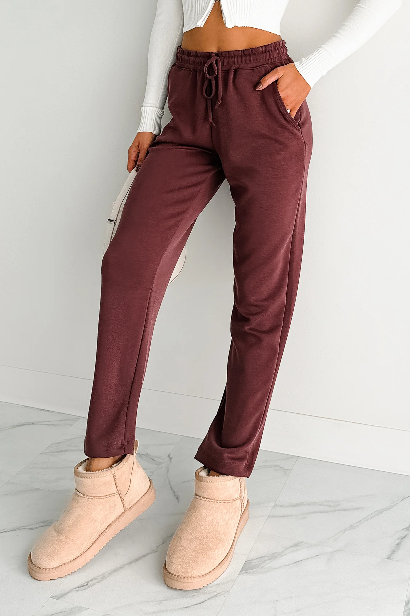 Chasing Goals Soft Front Tie Cropped Jogger Pants (Maroon) - Image 5