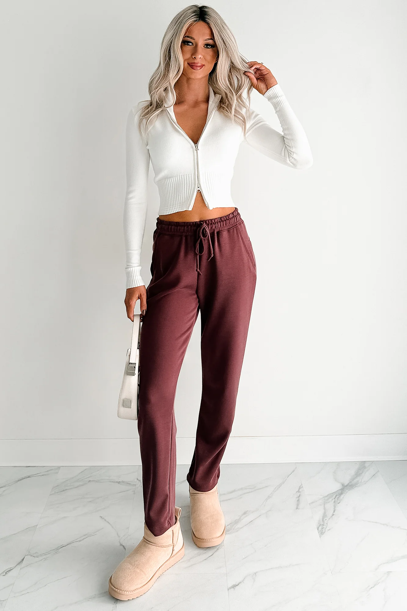 Chasing Goals Soft Front Tie Cropped Jogger Pants (Maroon) - Image 7