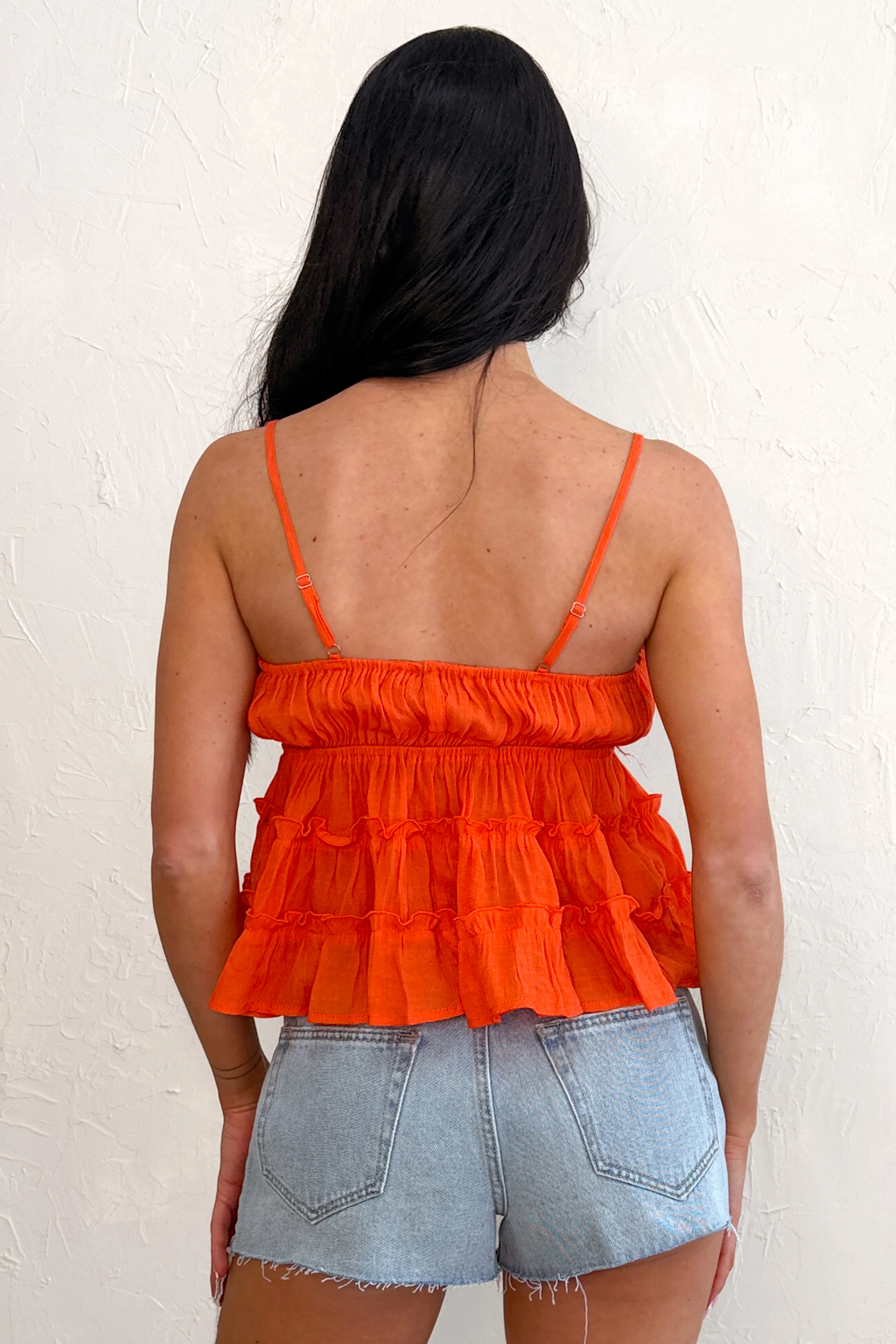 Chasing Sunshine Tiered Ruffle Babydoll Cami Top (Red Orange) - Image 6