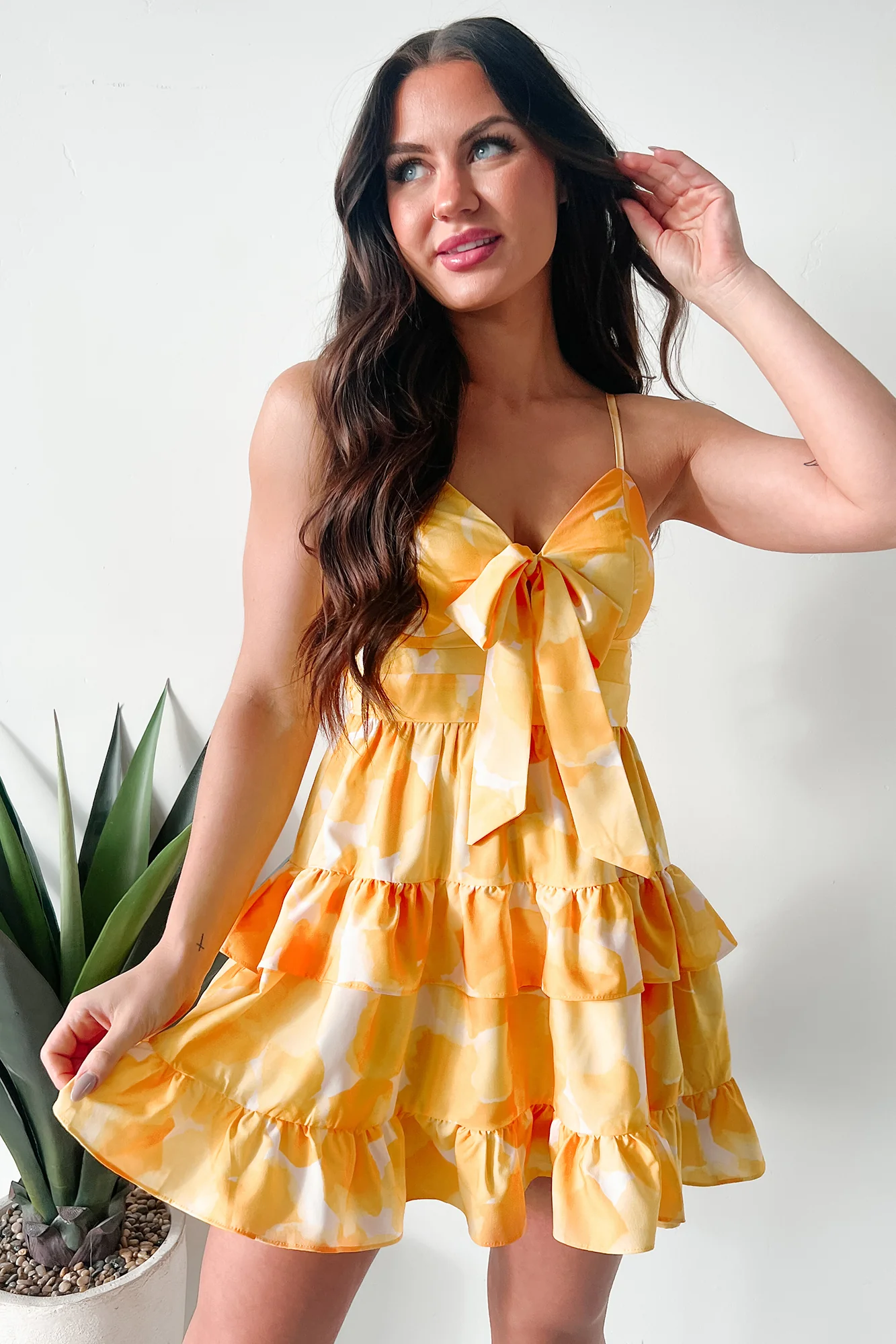 Chasing the Sun Ruffled Print Bow Tie Mini Dress (Lemon) - Image 6