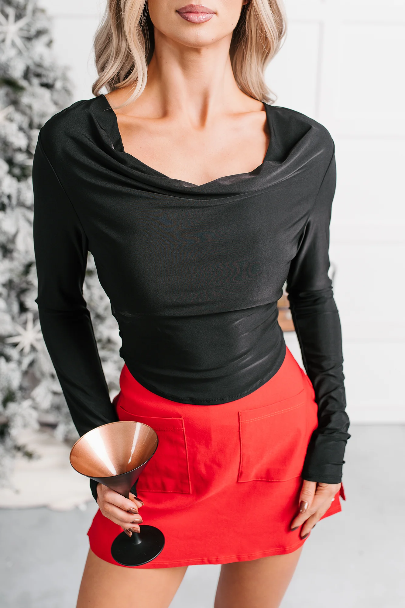 Chasing Time Cowl Neck Long Sleeve Top (Black) - Image 4