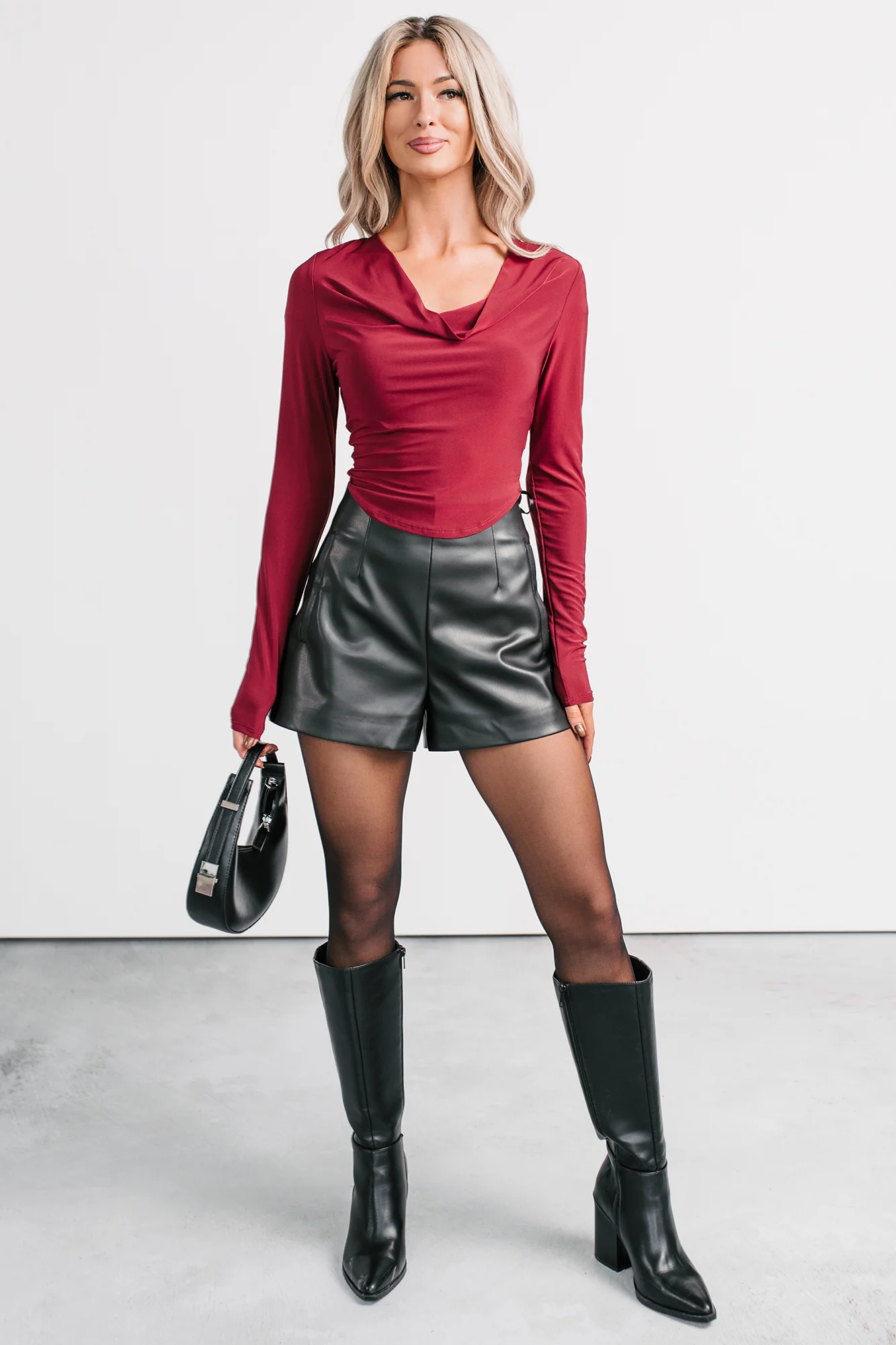 Chasing Time Cowl Neck Long Sleeve Top (Burgundy) - Image 3