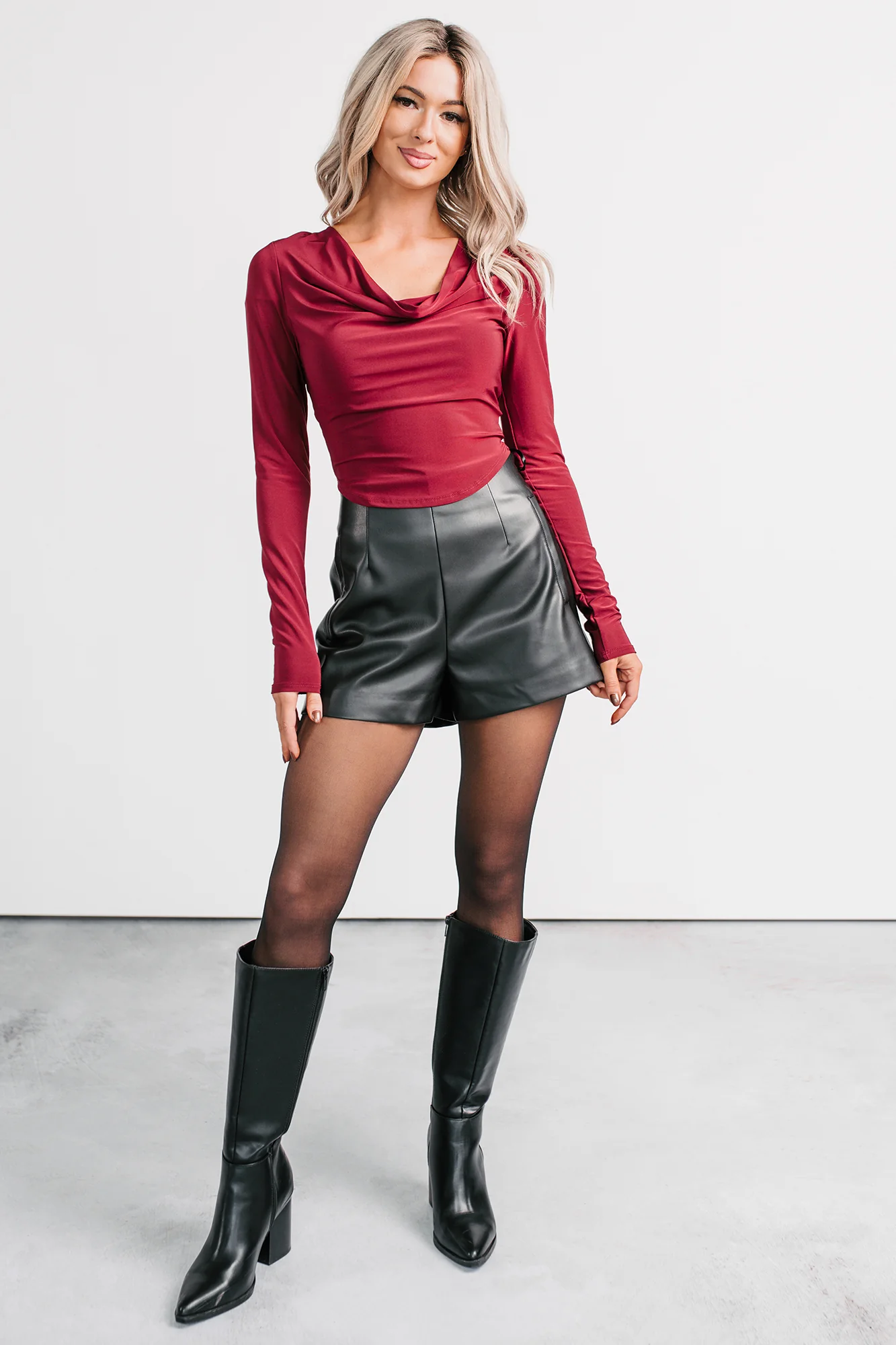 Chasing Time Cowl Neck Long Sleeve Top (Burgundy) - Image 7