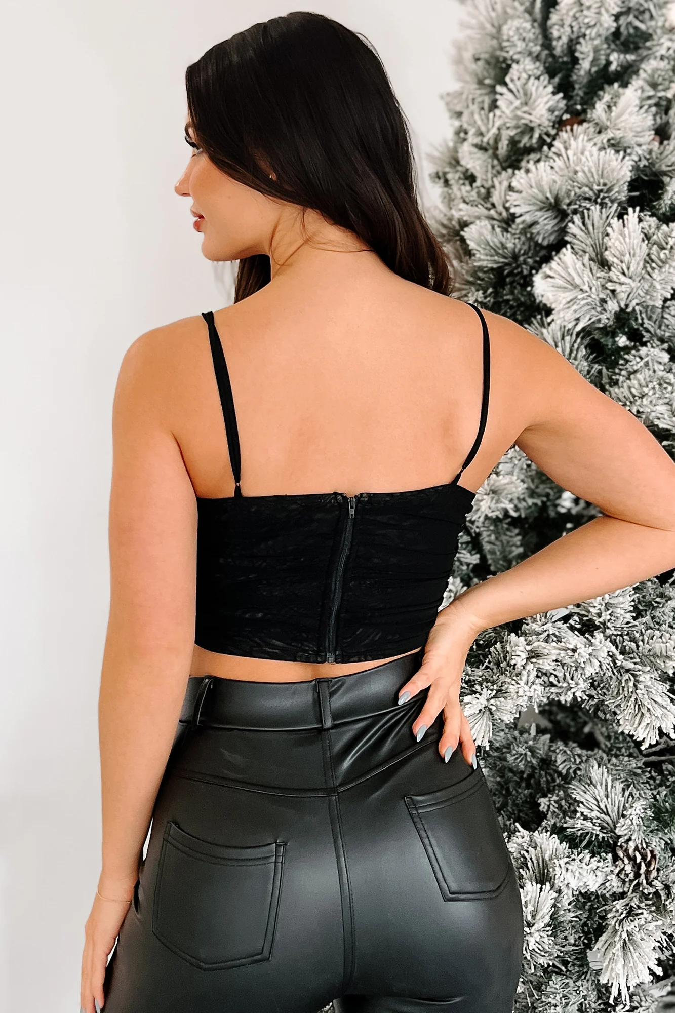Cheers To Tonight Floral Velvet Ruched Mesh Top (Black) - Image 5