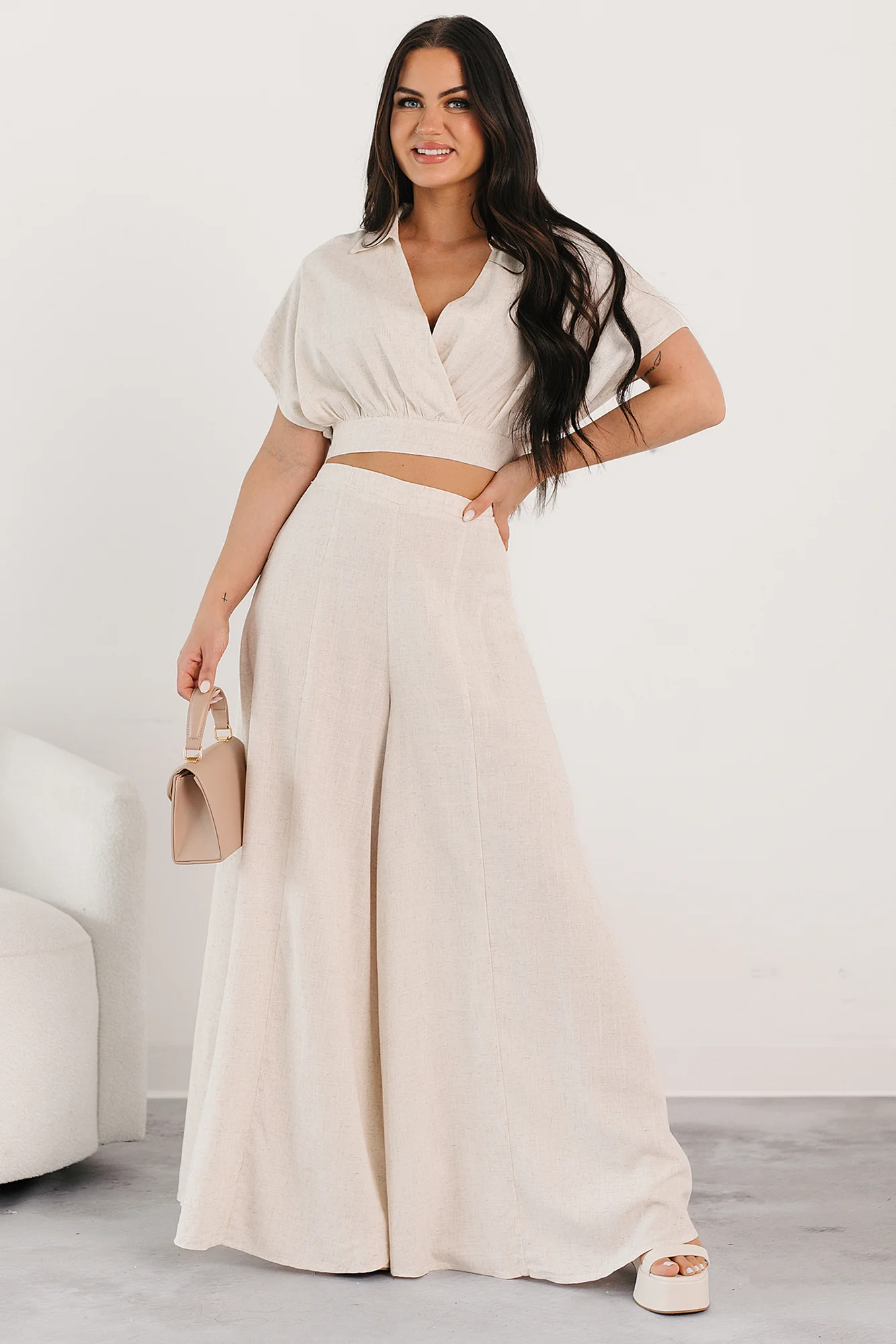 Chic and Simple Crop Top & Palazzo Pants Set (Oatmeal) - Image 2