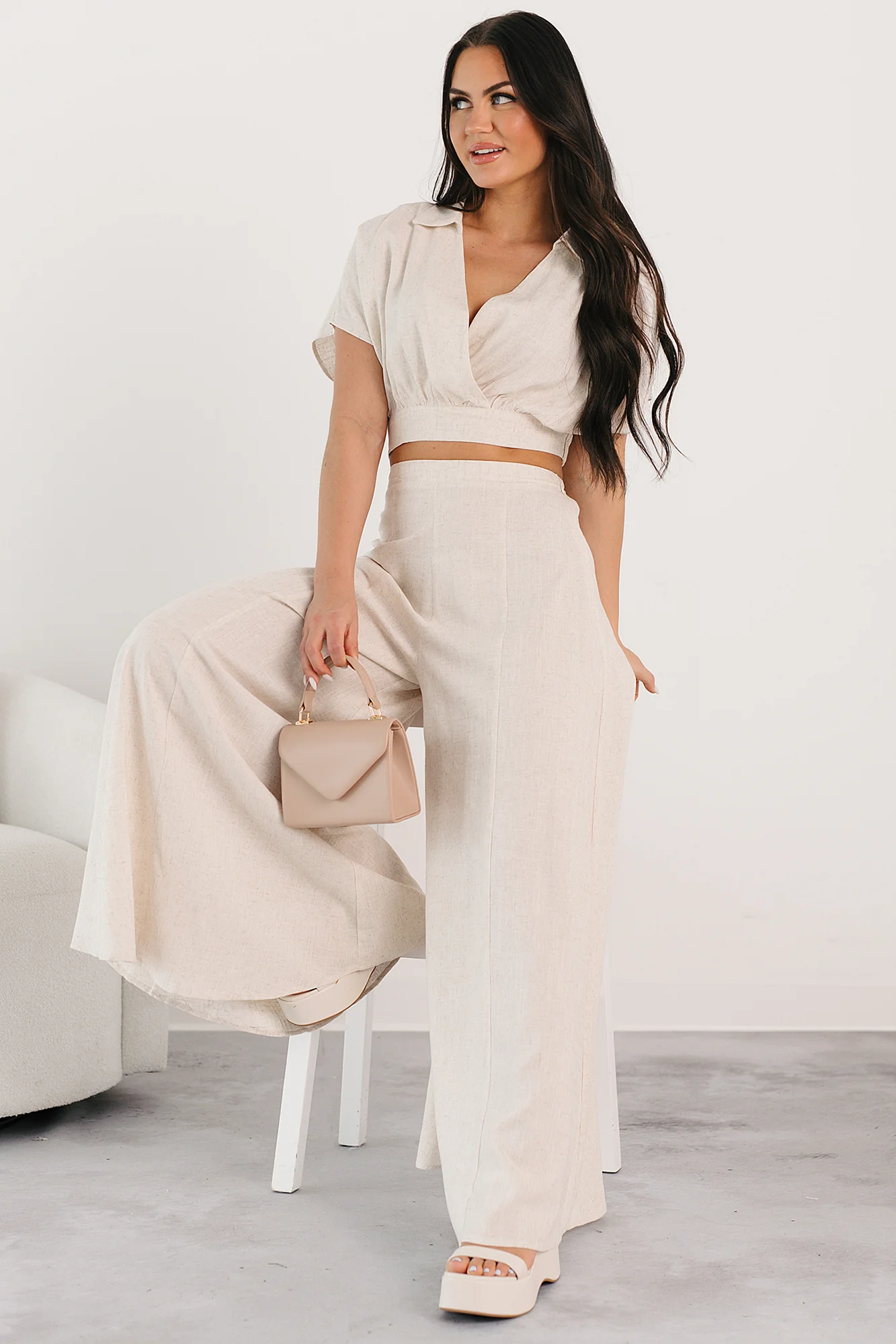 Chic and Simple Crop Top & Palazzo Pants Set (Oatmeal) - Image 3