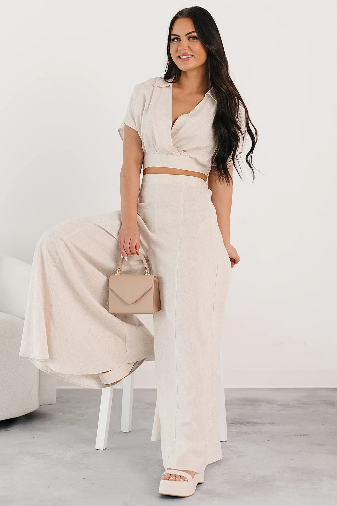 Chic and Simple Crop Top & Palazzo Pants Set (Oatmeal) - Image 4