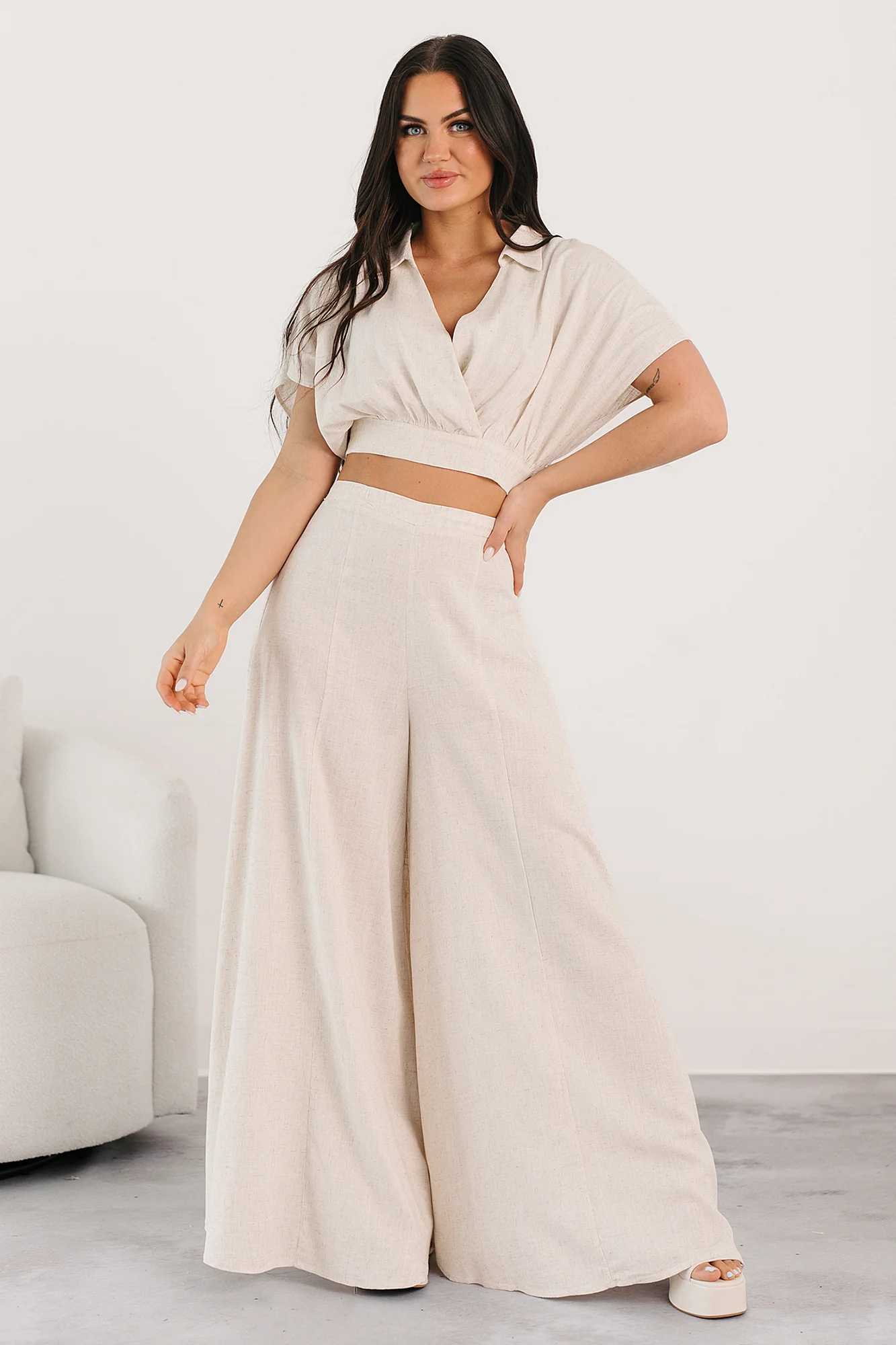 Chic and Simple Crop Top & Palazzo Pants Set (Oatmeal) - Image 5