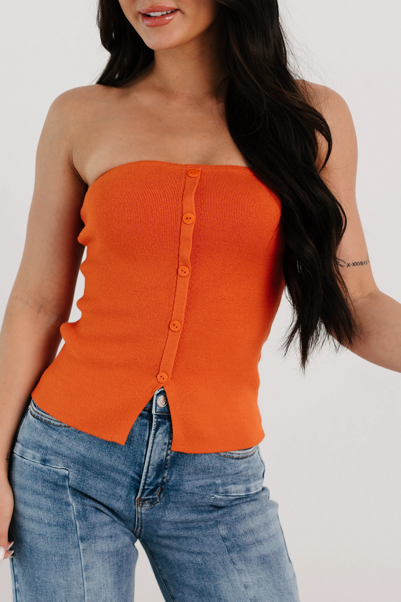 Chic Essentials Strapless Buttoned Knit Top (Tomato) - Image 2