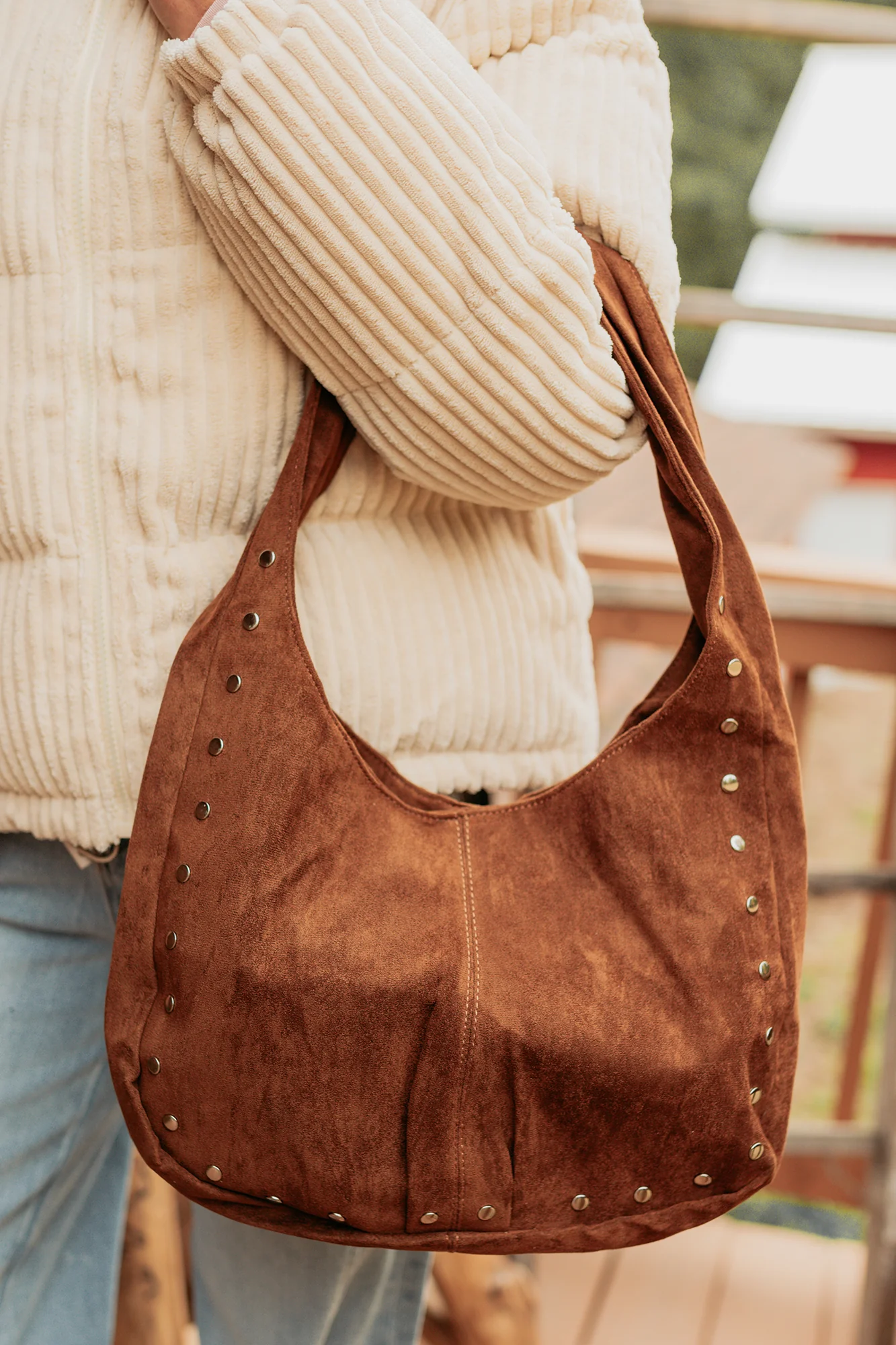 Chic Instinct Faux Suede Studded Handbag (Light Brown) - Image 3