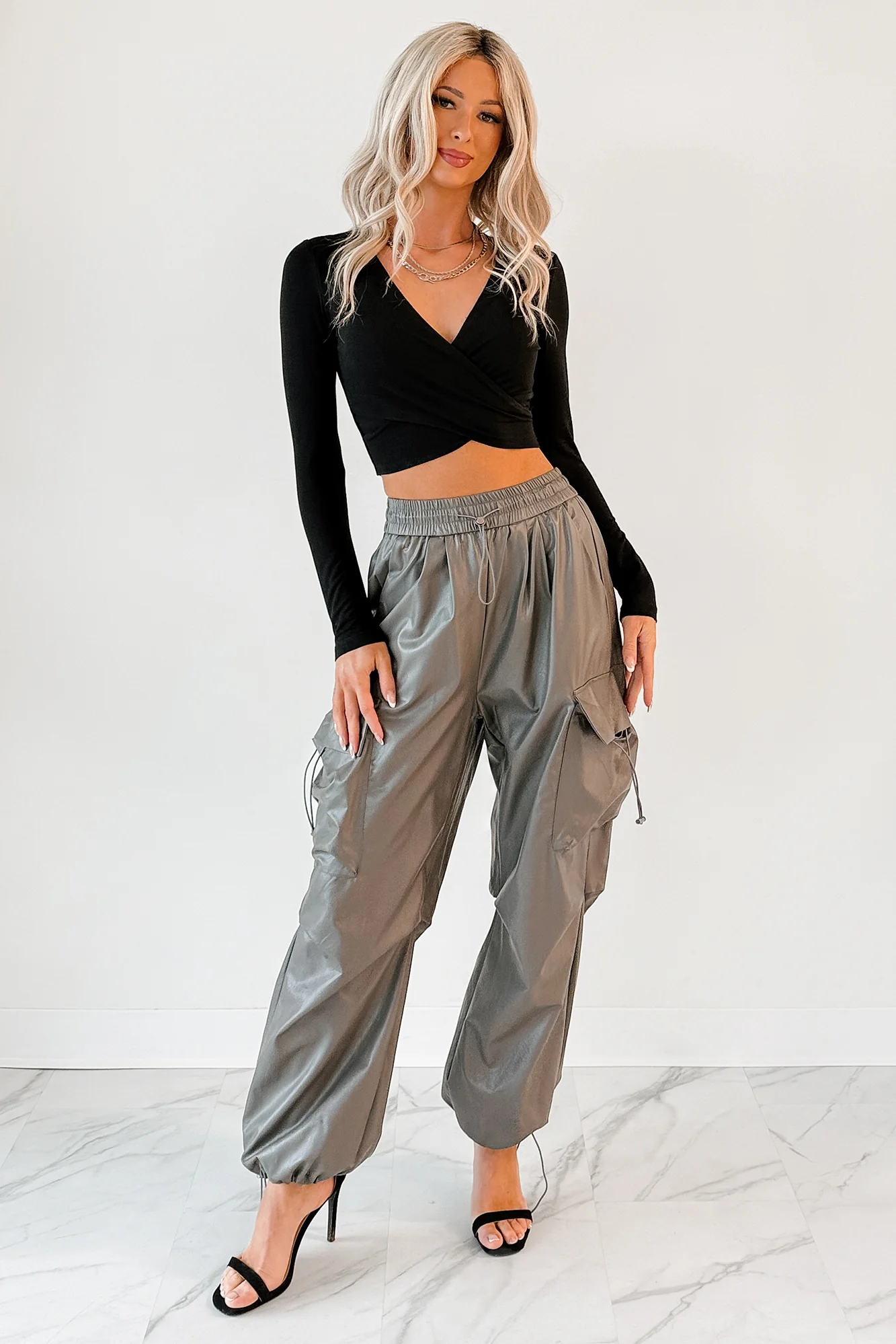 Chic Moment V Neck Wrap Crop Top (Black) - Image 6