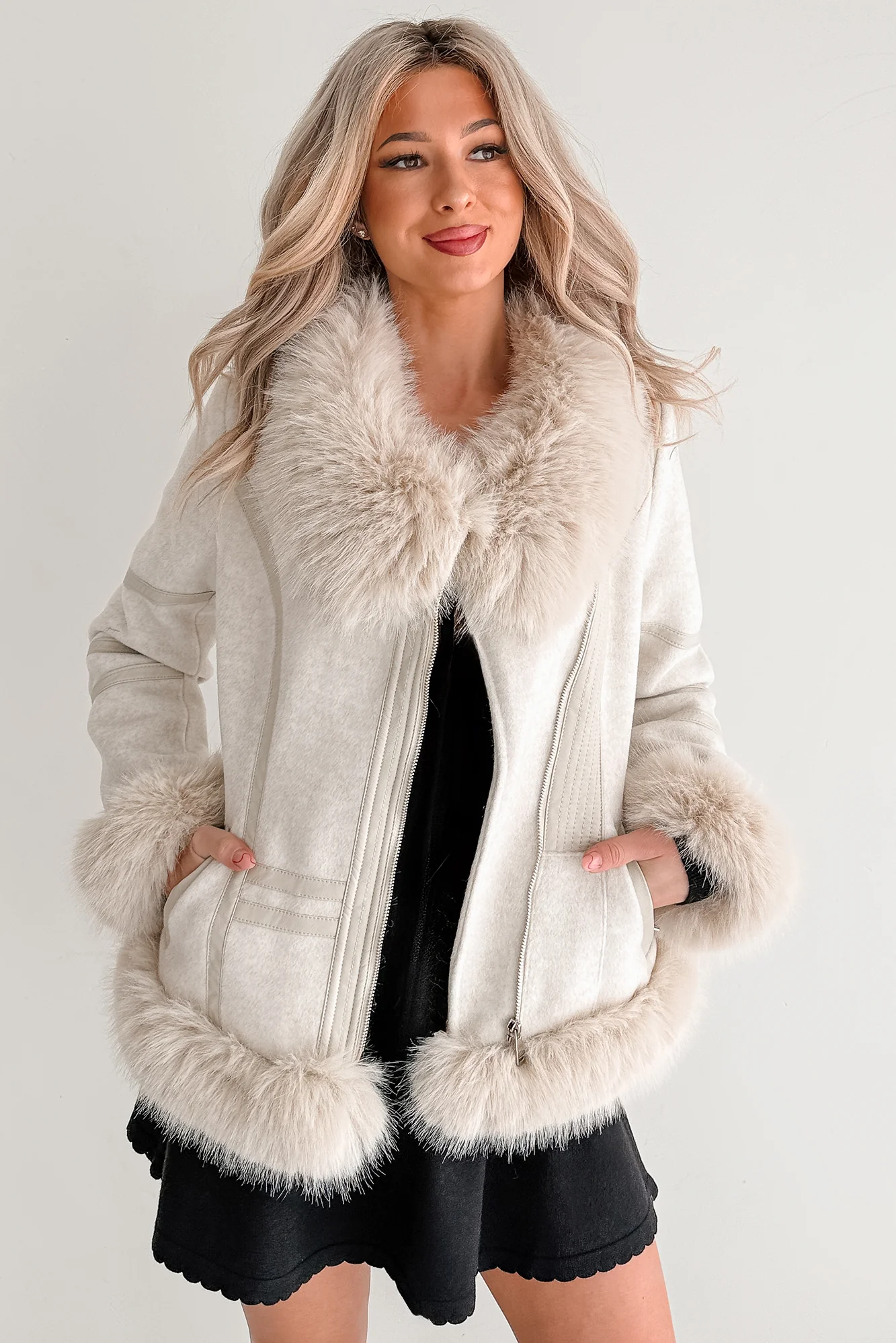Chic Momentum Faux Fur Fleece Tie Coat (Oatmeal) - Image 3
