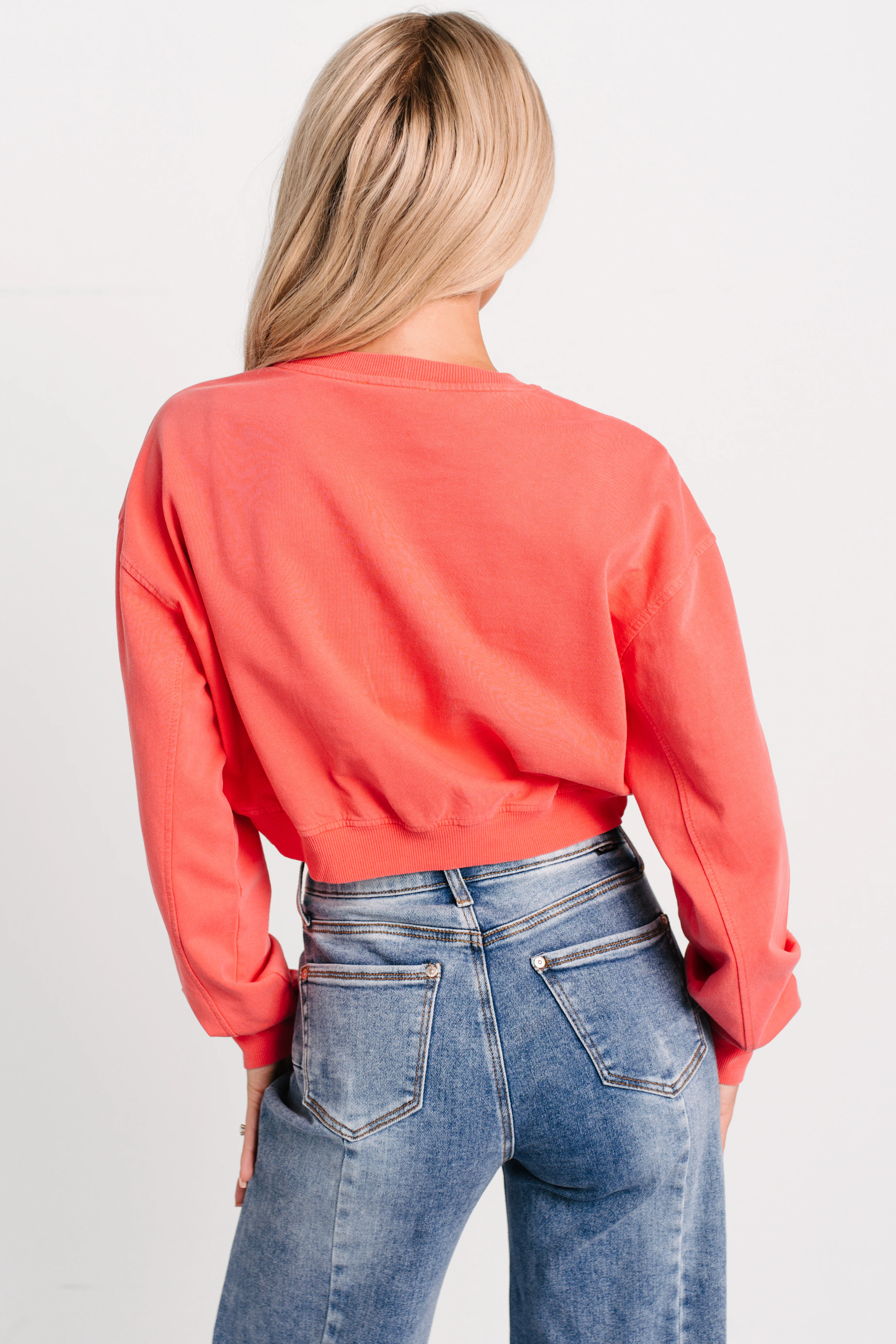 Chill Charm Long Sleeve Cropped Sweatshirt (Coral) - Image 4