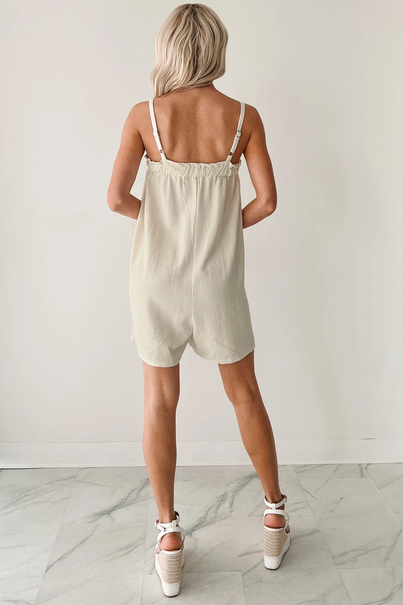 Chill & Chat Linen Drawstring Romper (Oat) - Image 4