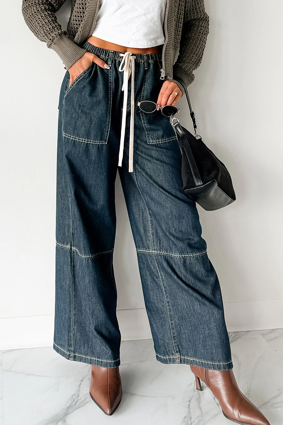 Chill Energy Wide Leg Drawstring Pants (Grey Denim) - Image 2