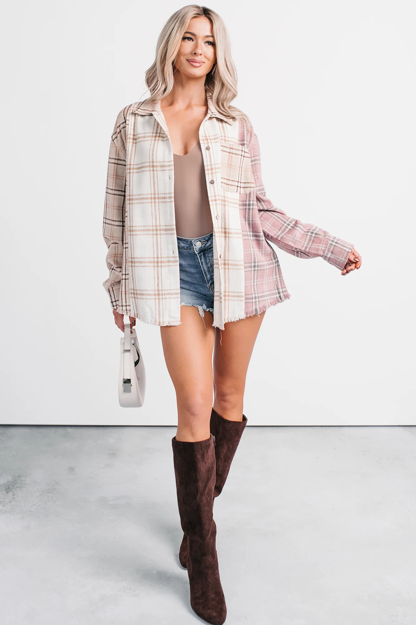 Chill Hour Oversized Mixed Plaid Shacket (Multi/Pink) - Image 2