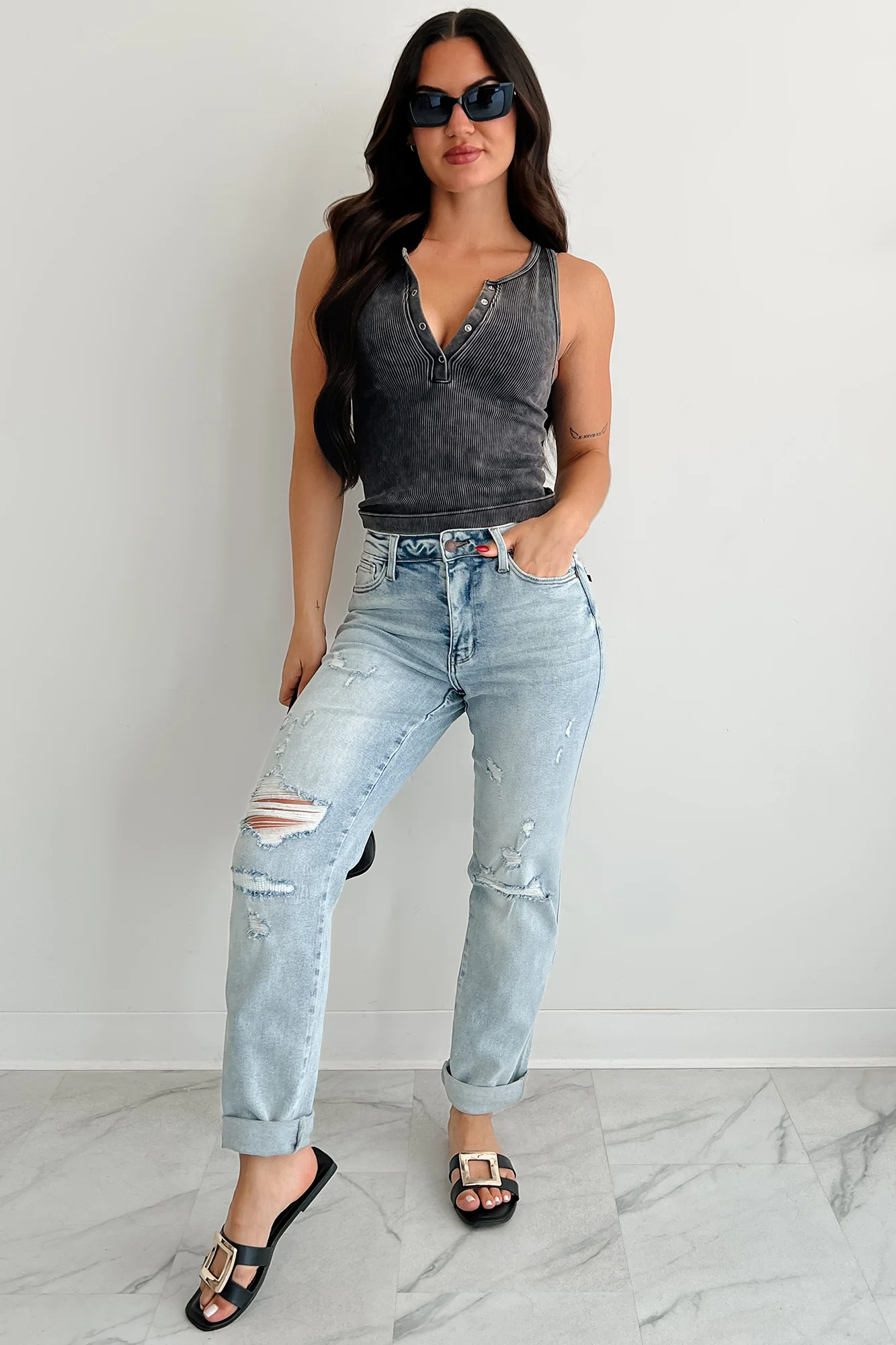 Chill Intentions Ribbed Washed Zenana Henley Tank (Ash Black) - Image 4