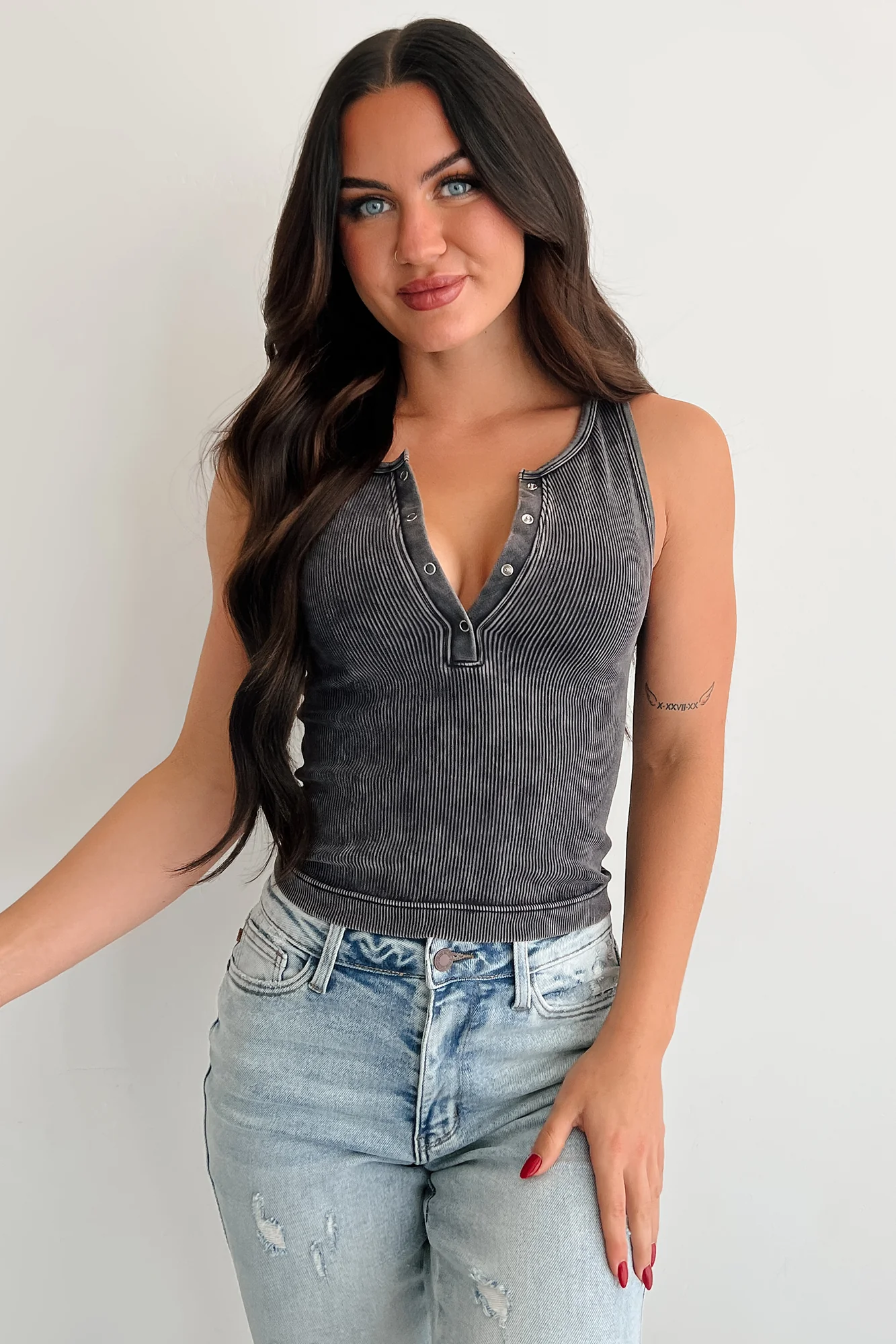 Chill Intentions Ribbed Washed Zenana Henley Tank (Ash Black) - Image 7