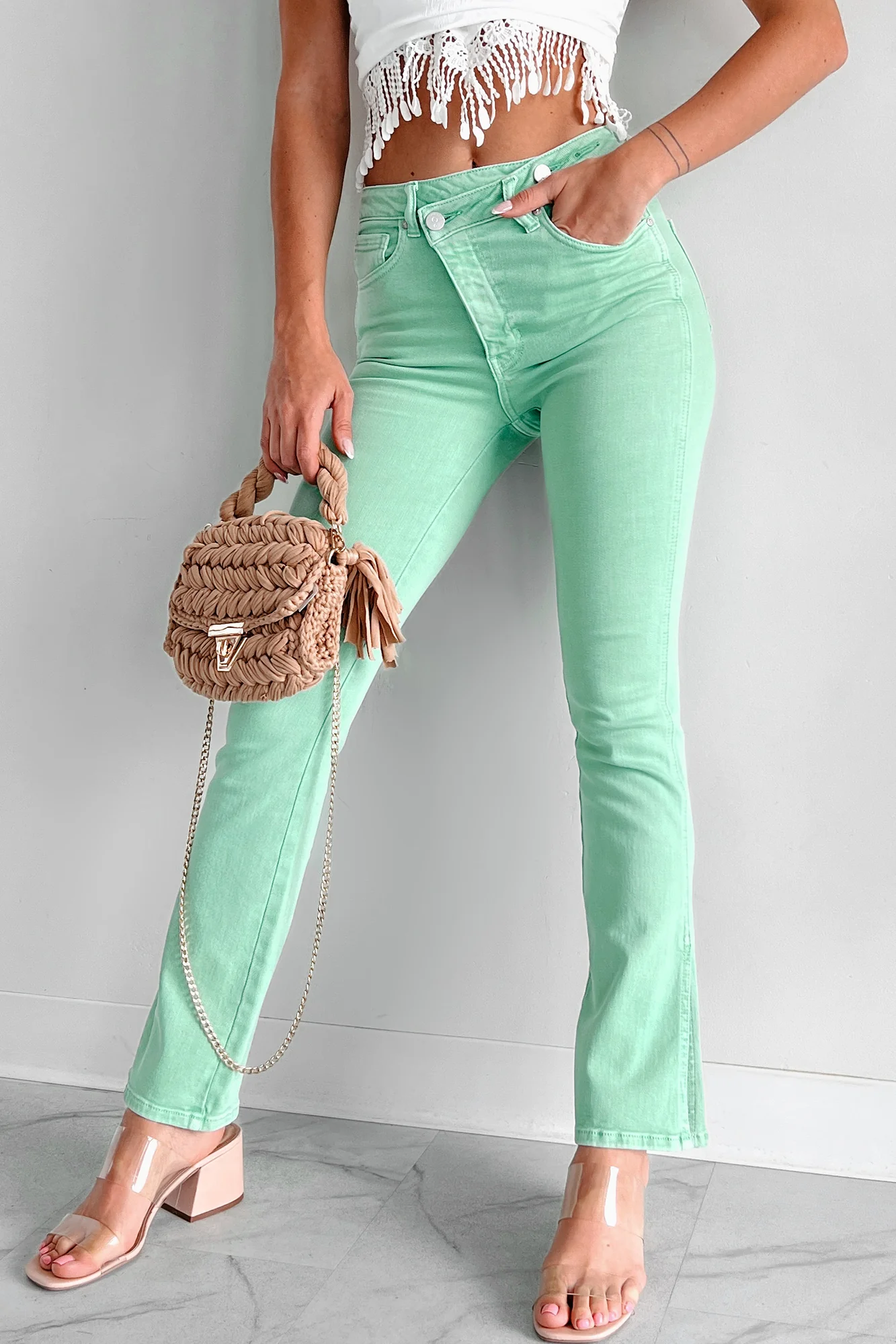 Christos Cross-Over Waist Bootcut Jeans (Green) - Image 2