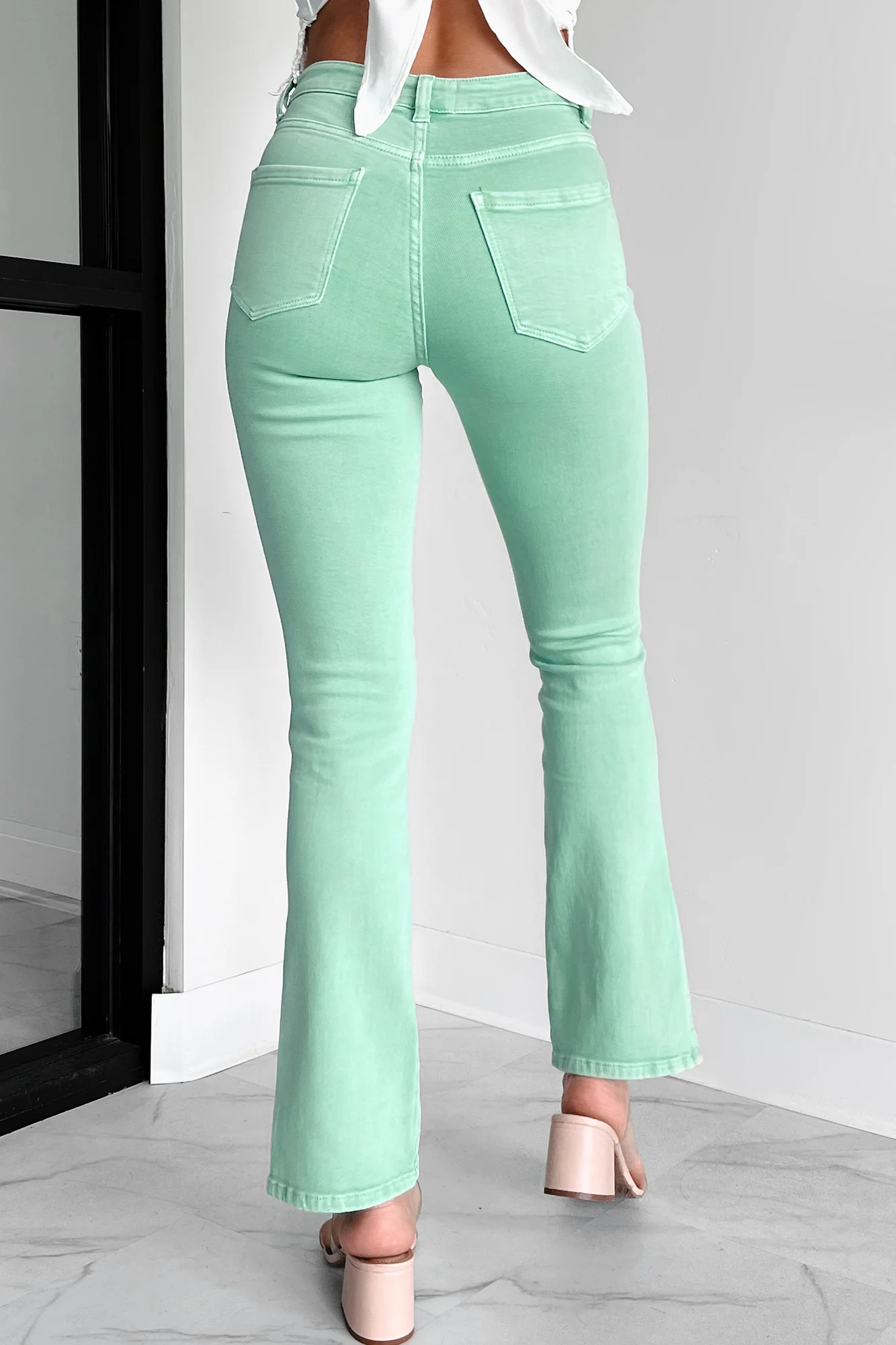 Christos Cross-Over Waist Bootcut Jeans (Green) - Image 5